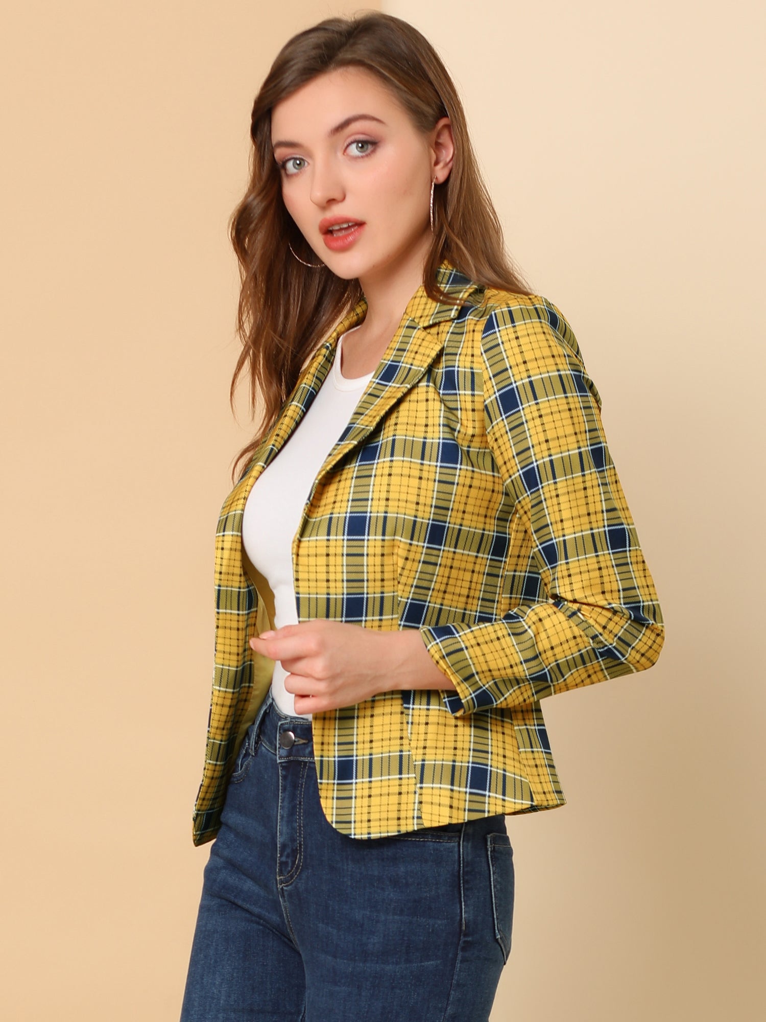 Business Casual Open Front Notch Lapel Plaid Suit Blazer
