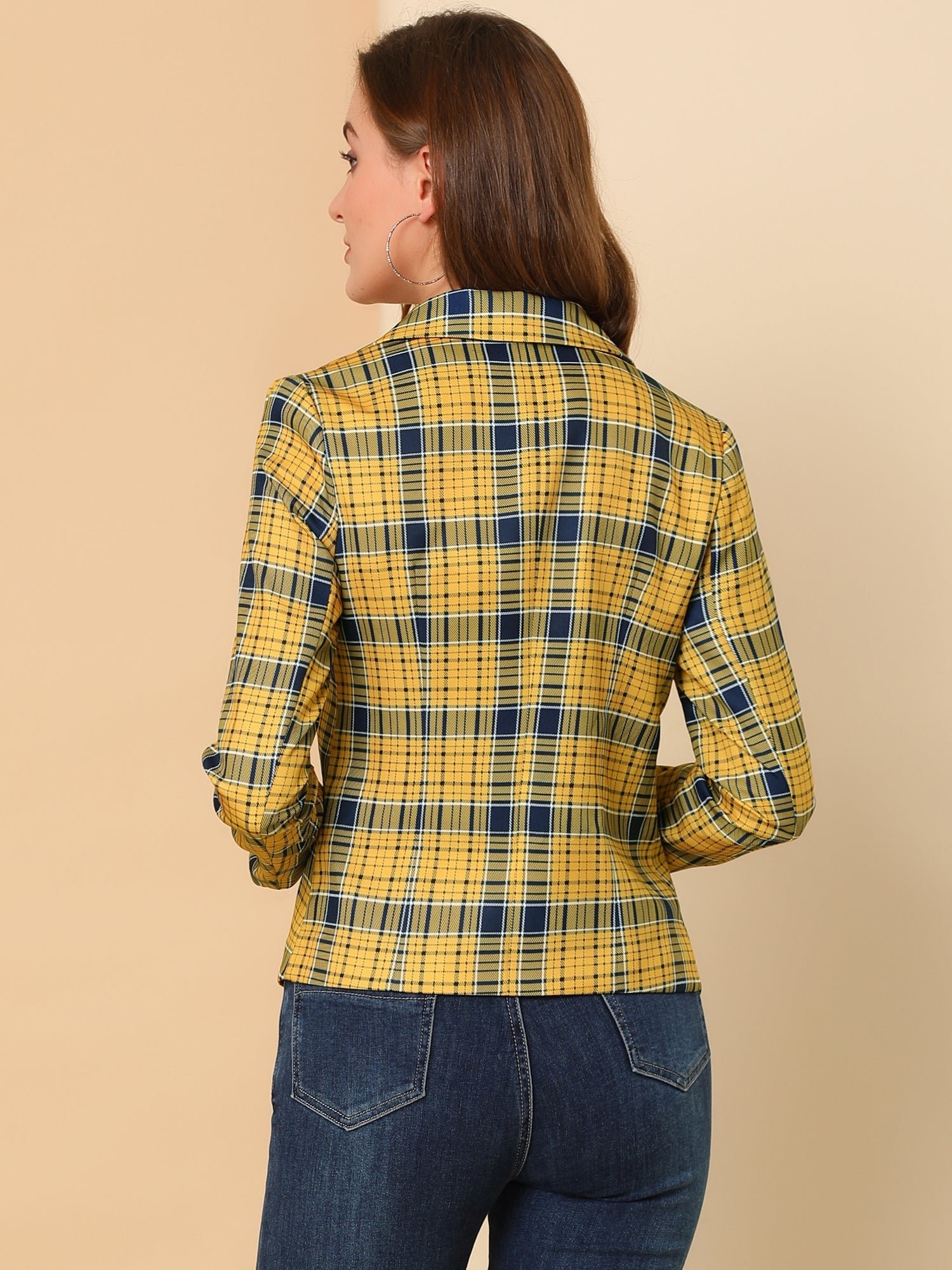 Business Casual Open Front Notch Lapel Plaid Suit Blazer