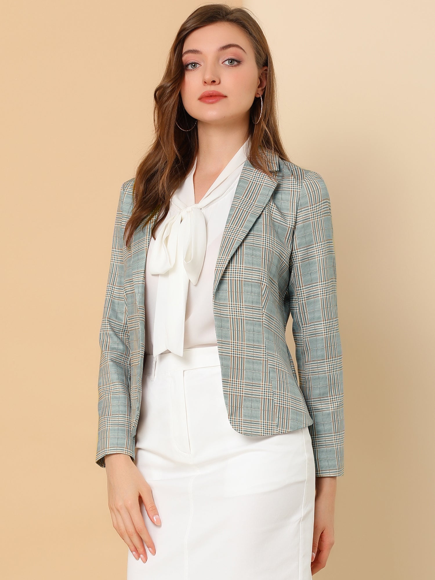 Business Casual Open Front Notch Lapel Plaid Suit Blazer