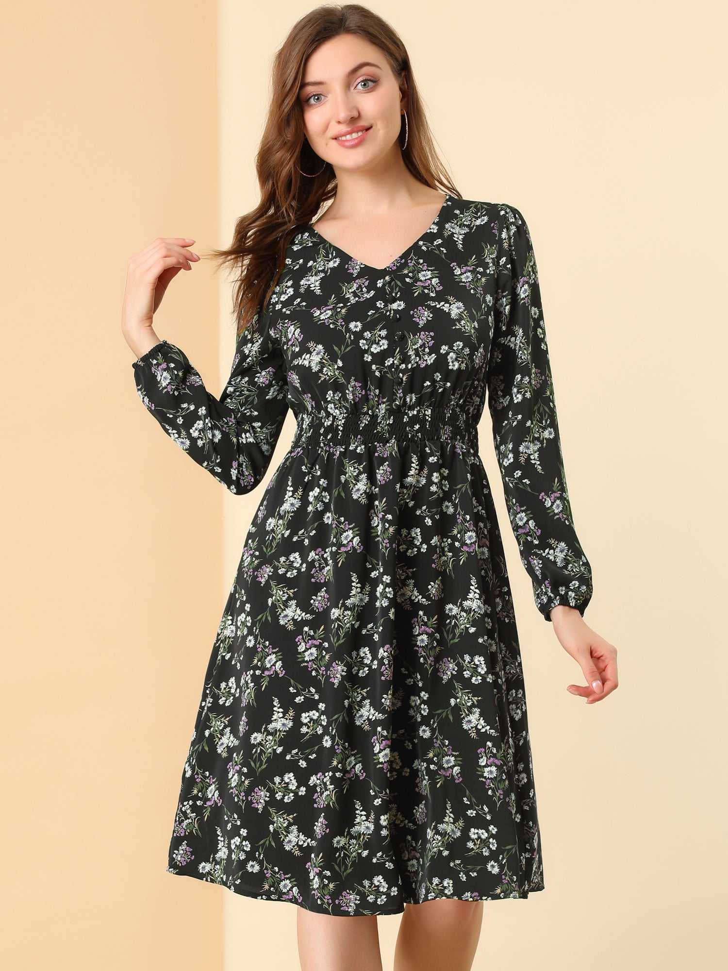 Floral Print V-Neck Long Sleeve Smocked Waist Midi Dress
