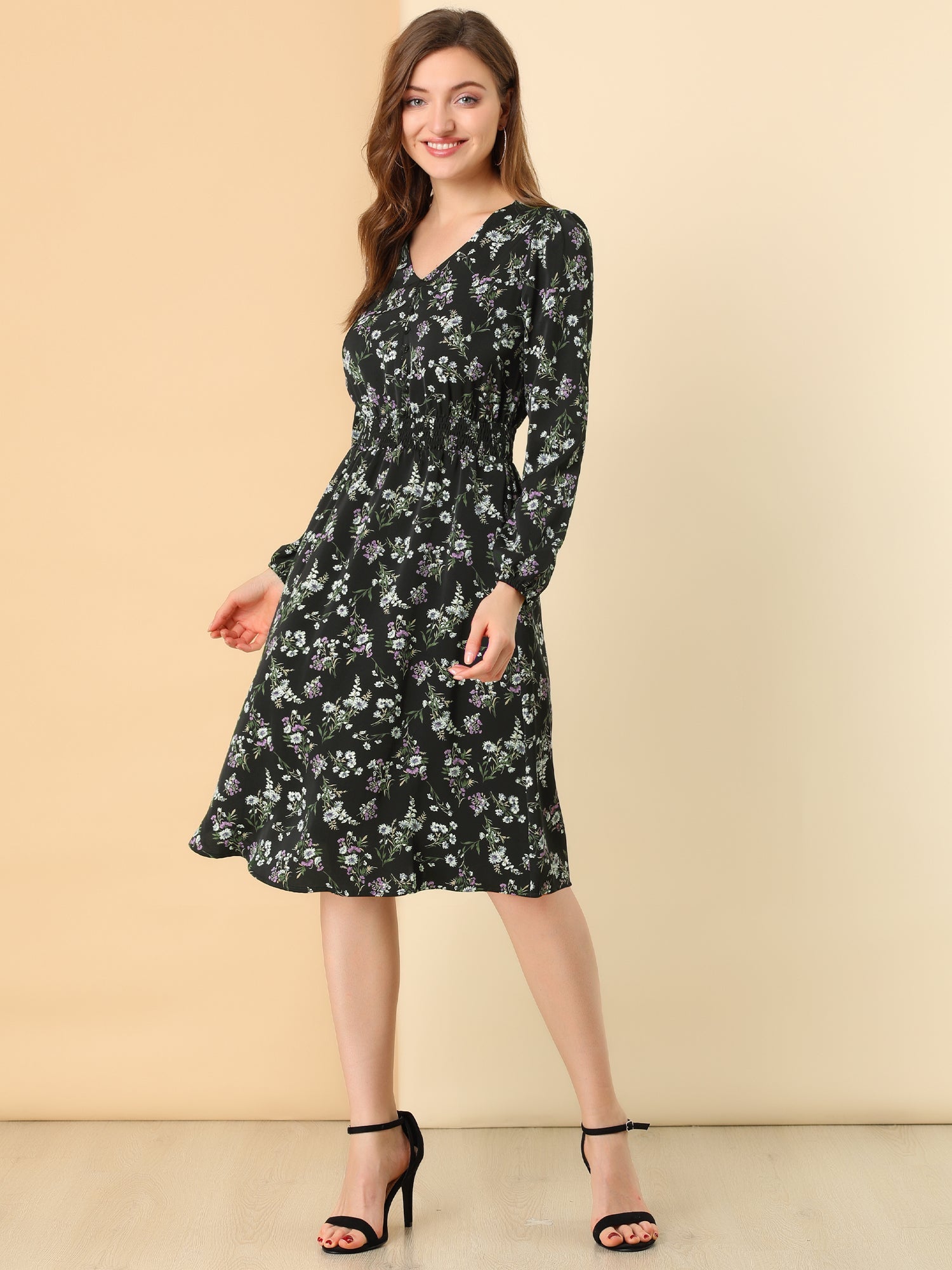 Floral Print V-Neck Long Sleeve Smocked Waist Midi Dress