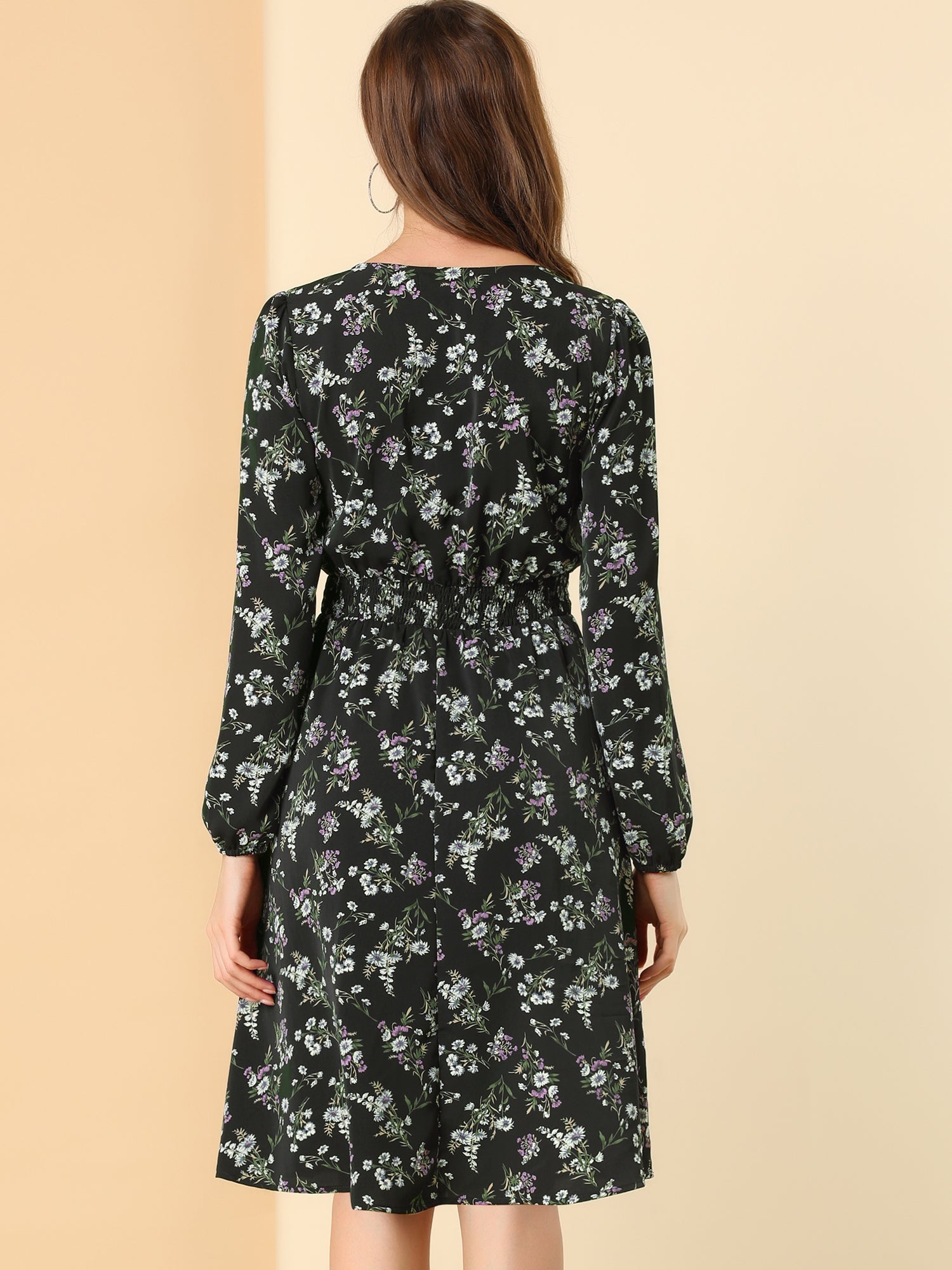 Floral Print V-Neck Long Sleeve Smocked Waist Midi Dress
