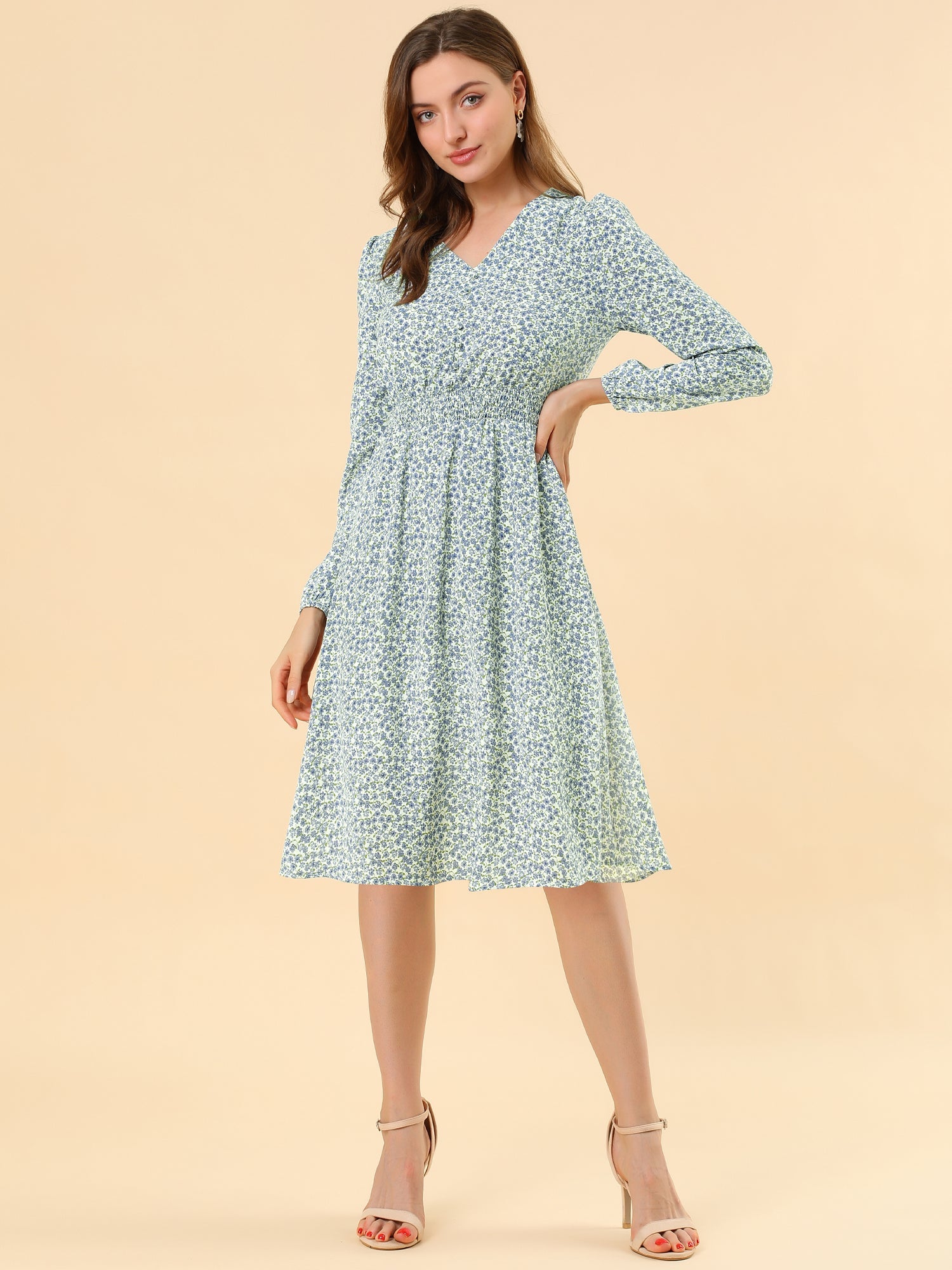 Floral Print V-Neck Long Sleeve Smocked Waist Midi Dress