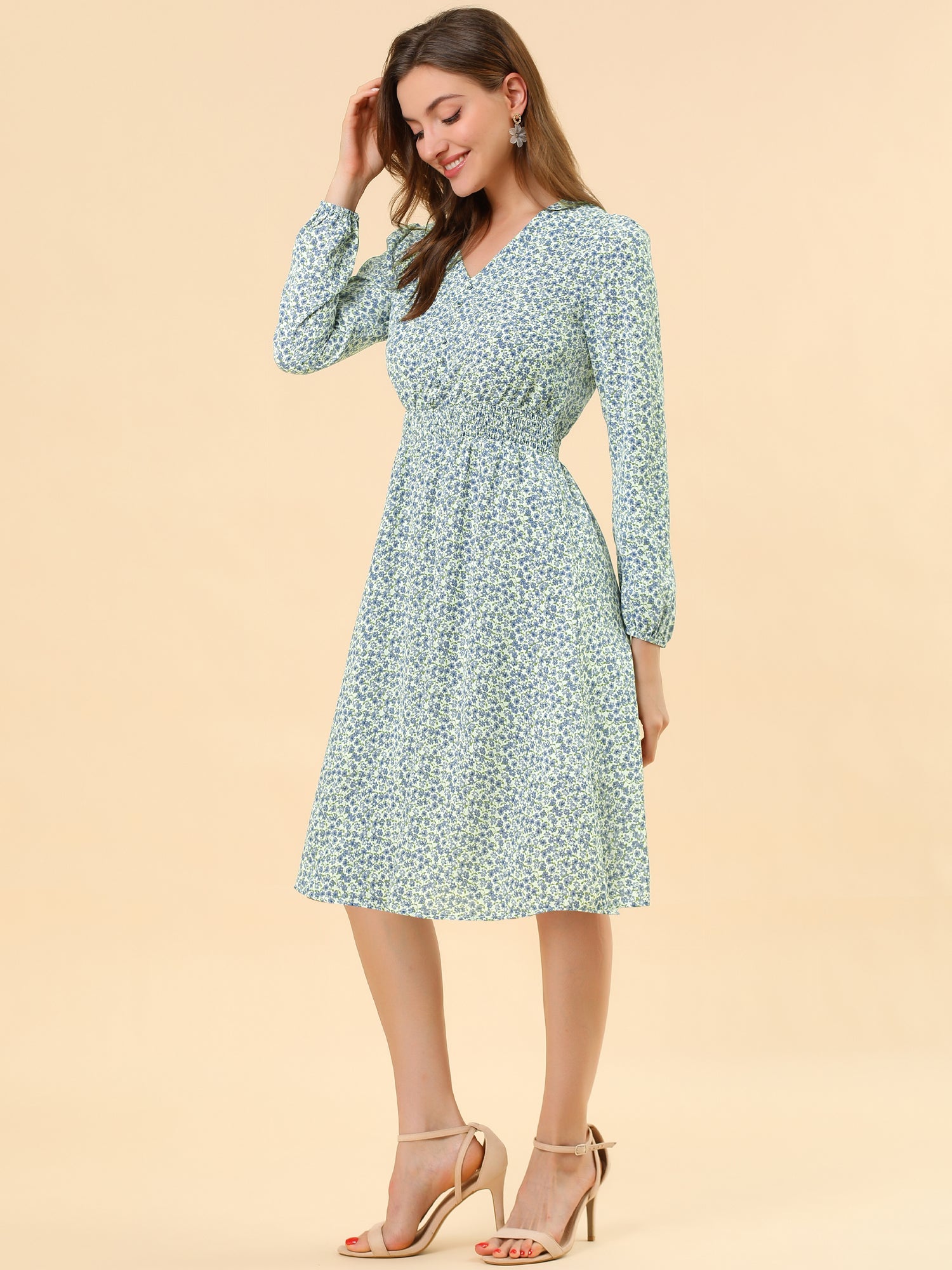 Floral Print V-Neck Long Sleeve Smocked Waist Midi Dress