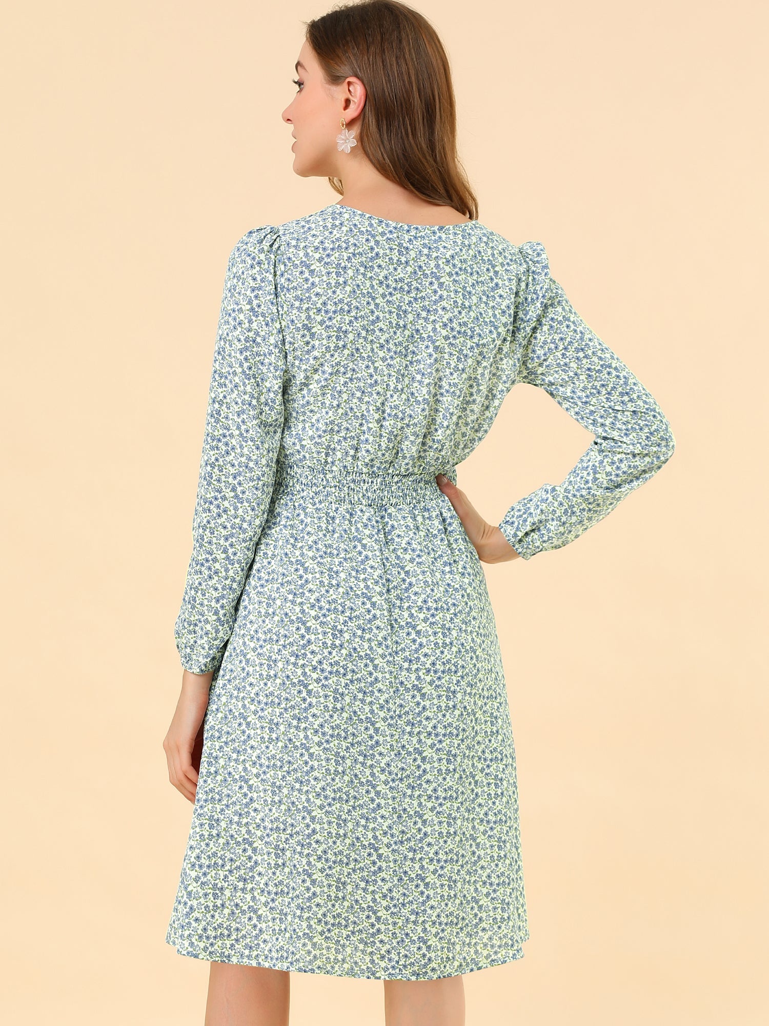Floral Print V-Neck Long Sleeve Smocked Waist Midi Dress
