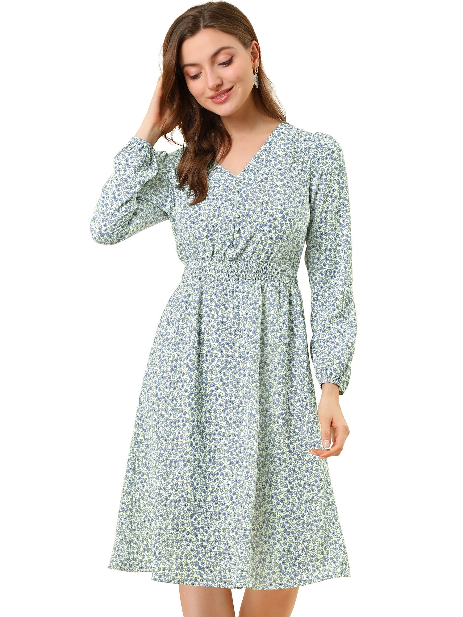 Floral Print V-Neck Long Sleeve Smocked Waist Midi Dress