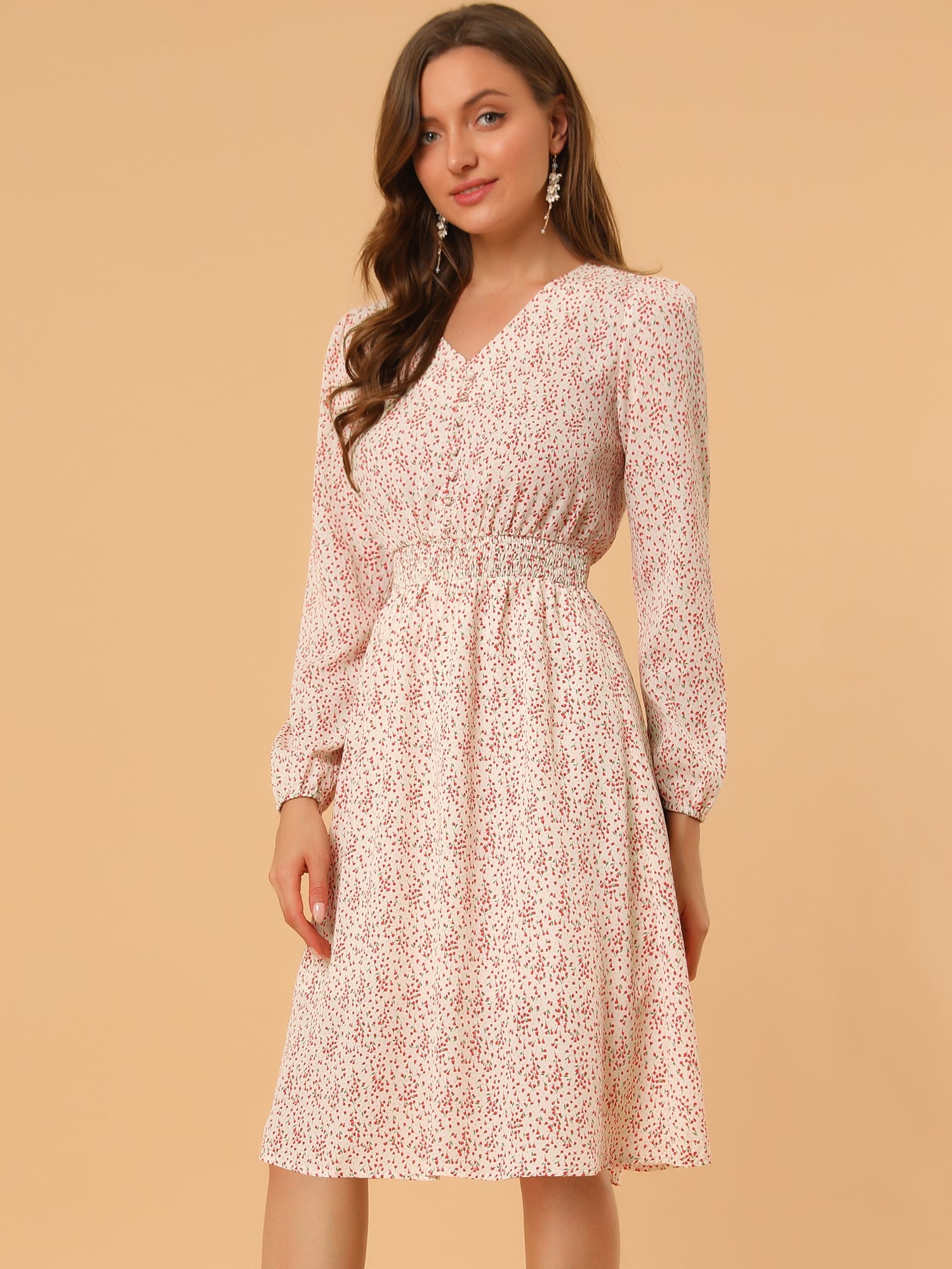 Floral Print V-Neck Long Sleeve Smocked Waist Midi Dress