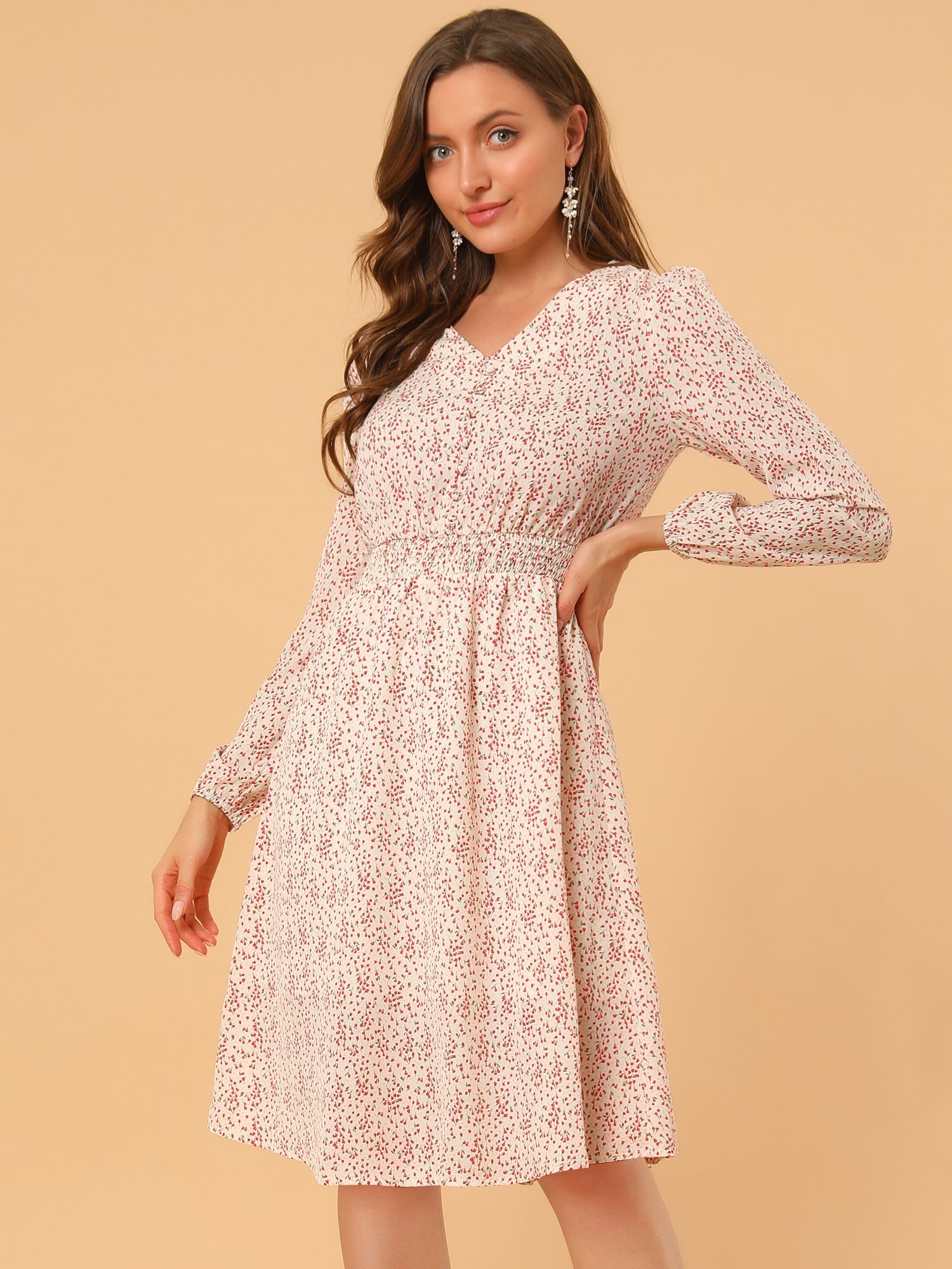 Floral Print V-Neck Long Sleeve Smocked Waist Midi Dress