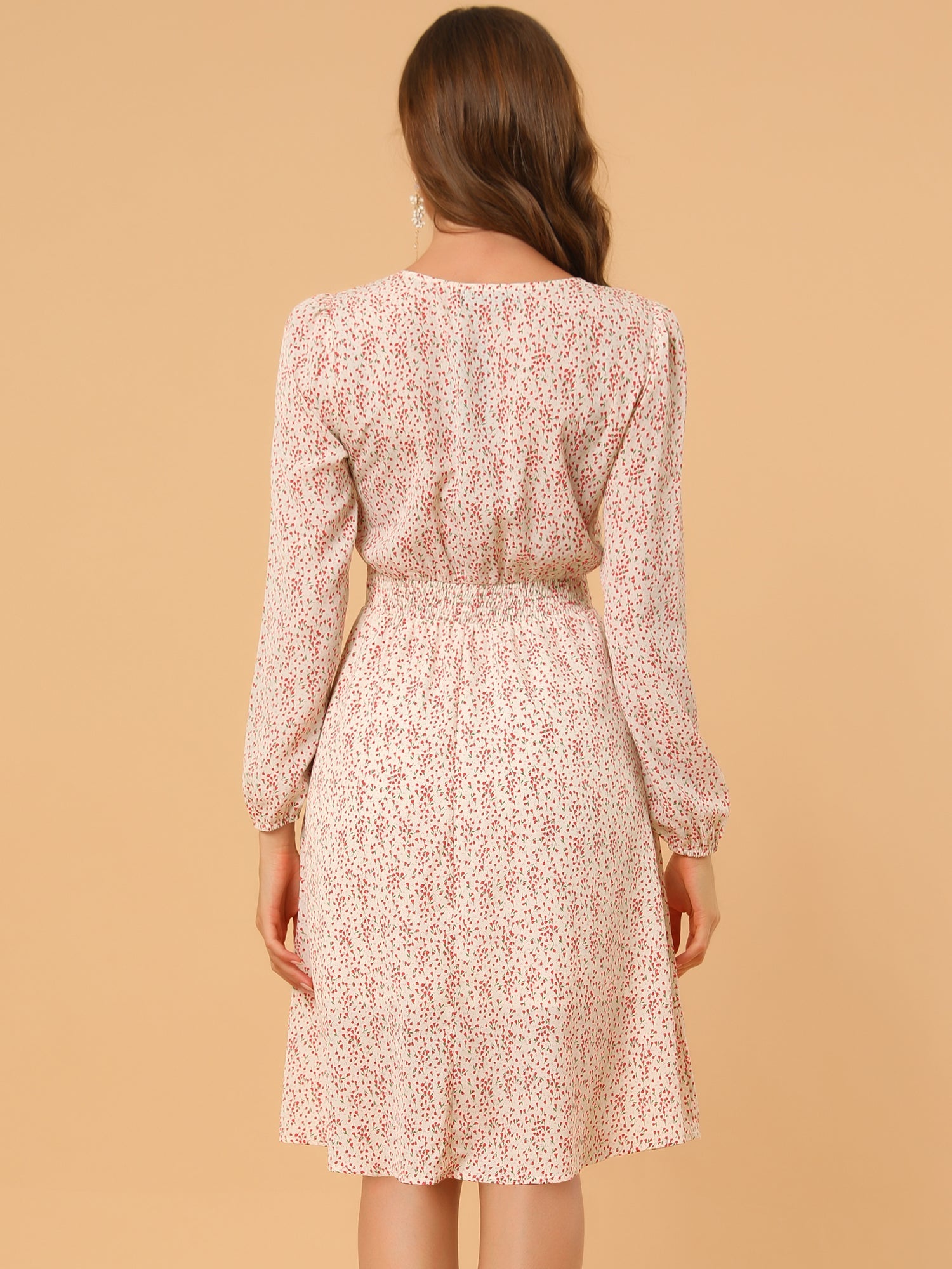 Floral Print V-Neck Long Sleeve Smocked Waist Midi Dress