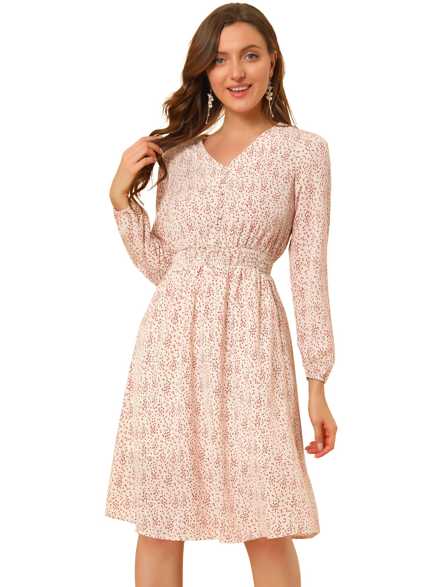 Floral Print V-Neck Long Sleeve Smocked Waist Midi Dress