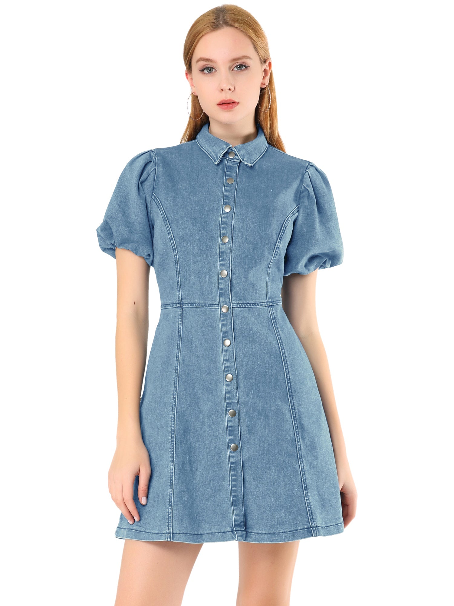 Denim Puff Short Sleeve Collared Button Down Mini Dress