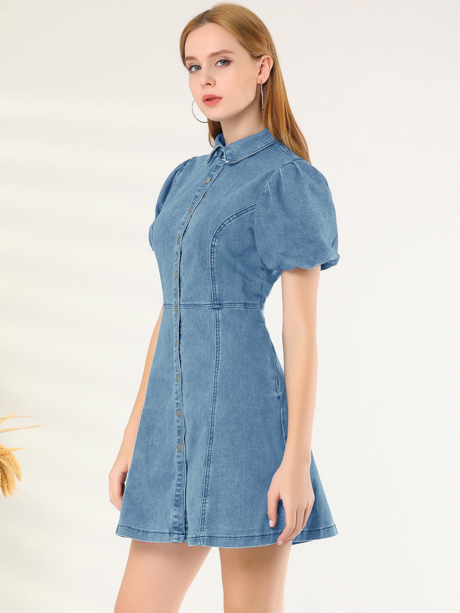 Denim Puff Short Sleeve Collared Button Down Mini Dress