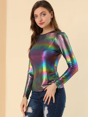 Long Sleeve Sparkly Party Glitter Shiny Metallic Blouse