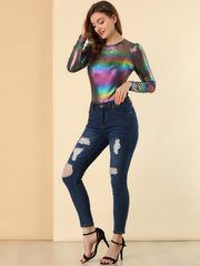 Long Sleeve Sparkly Party Glitter Shiny Metallic Blouse