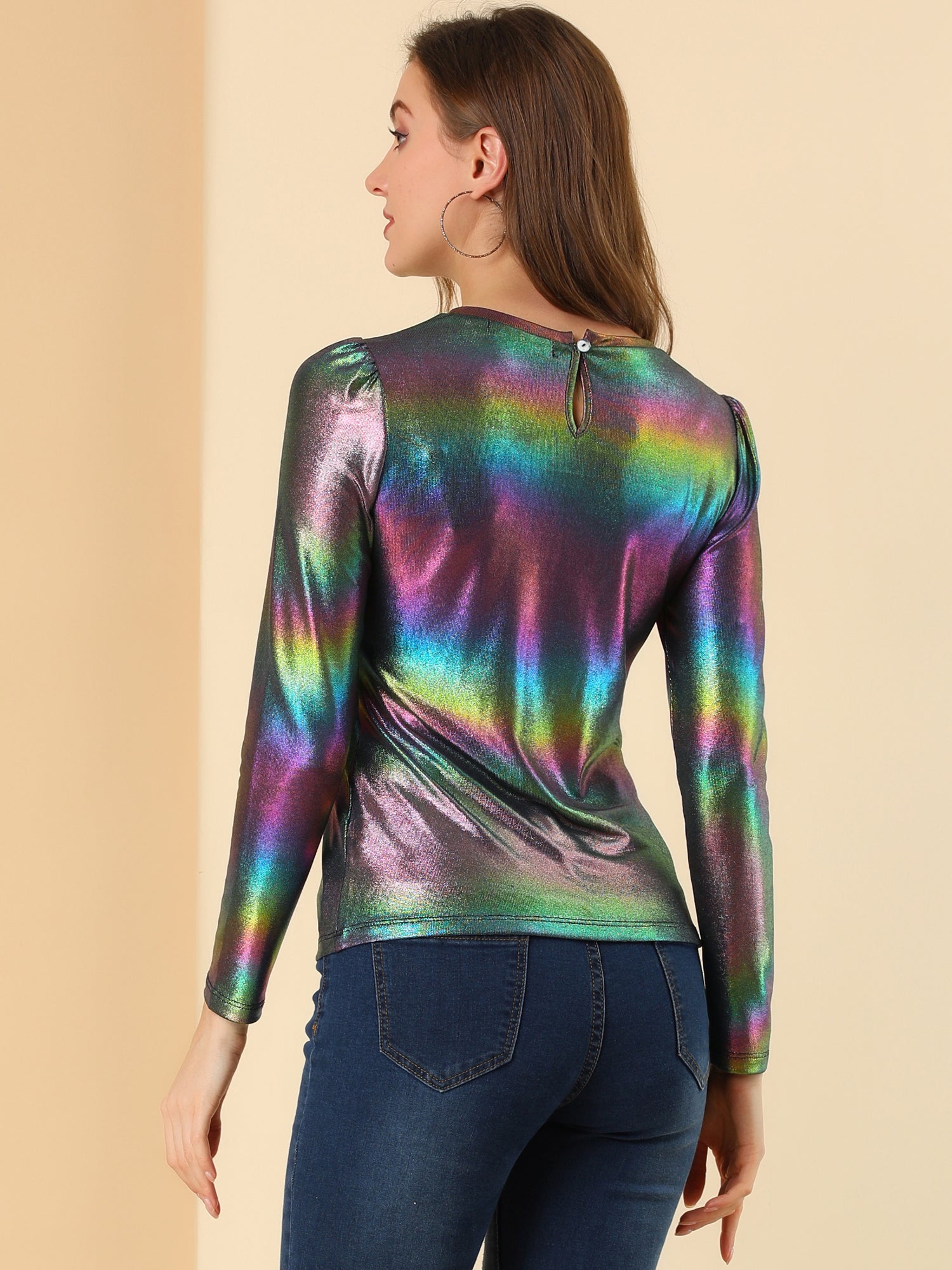 Long Sleeve Sparkly Party Glitter Shiny Metallic Blouse