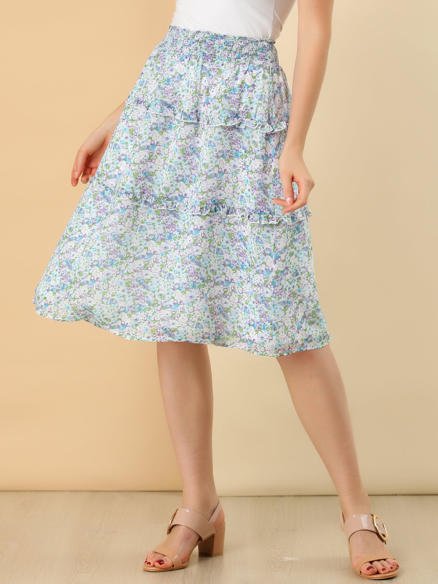 Floral Smocked Elastic Waist Knee Length Ruffle Tiered Skirt