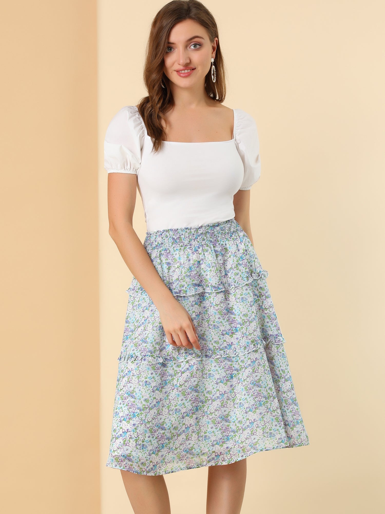 Floral Smocked Elastic Waist Knee Length Ruffle Tiered Skirt