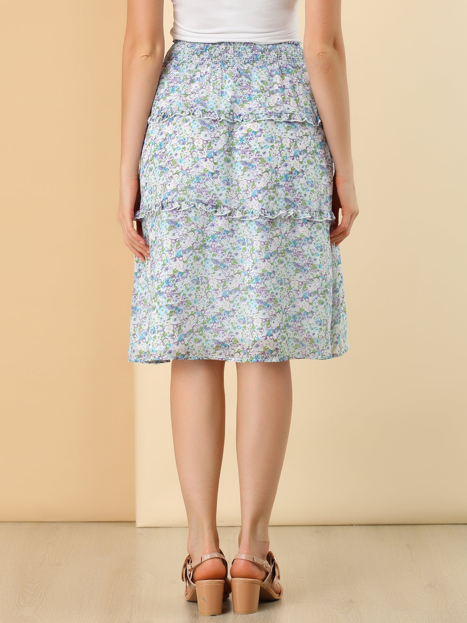 Floral Smocked Elastic Waist Knee Length Ruffle Tiered Skirt