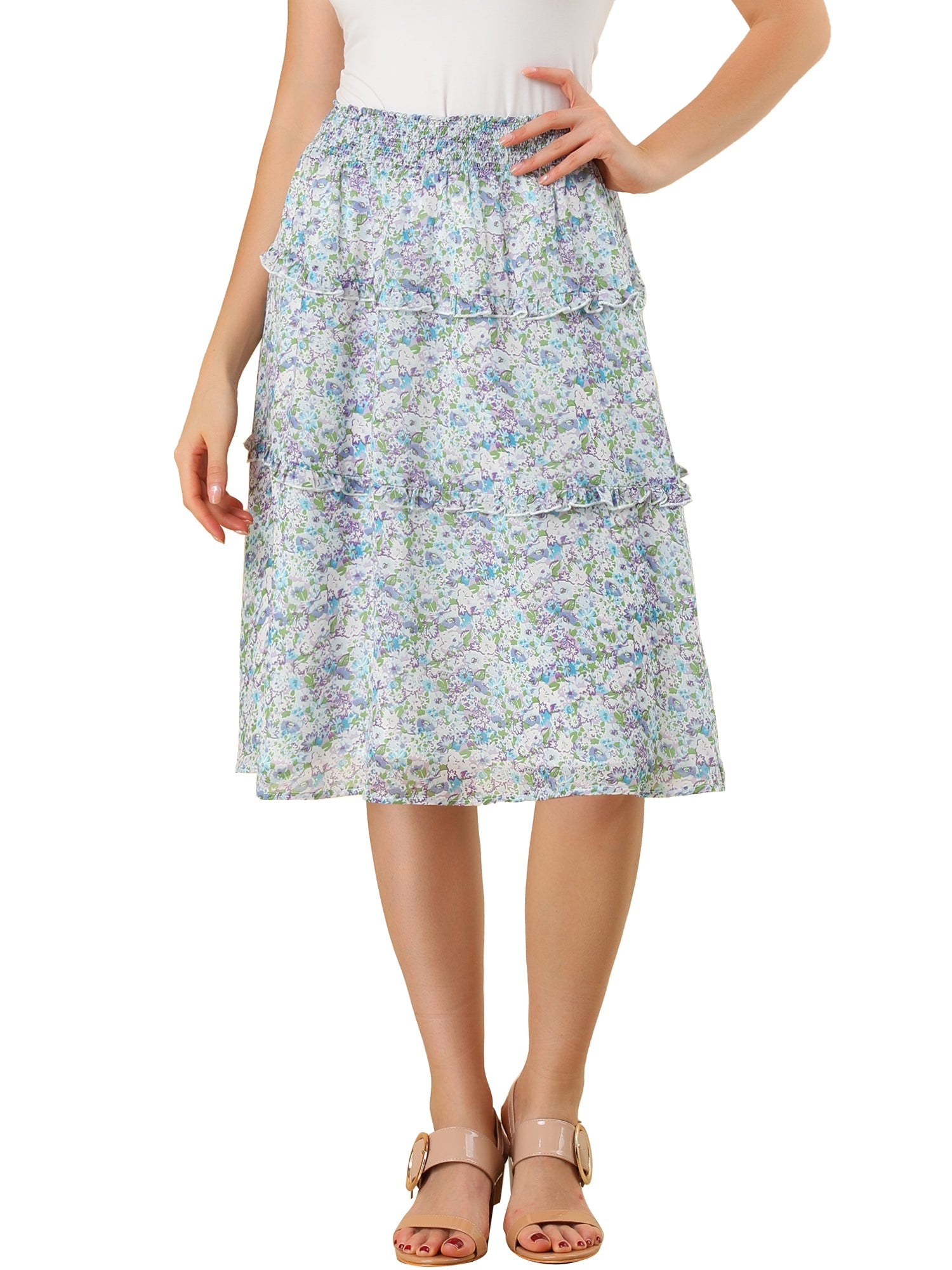 Floral Smocked Elastic Waist Knee Length Ruffle Tiered Skirt