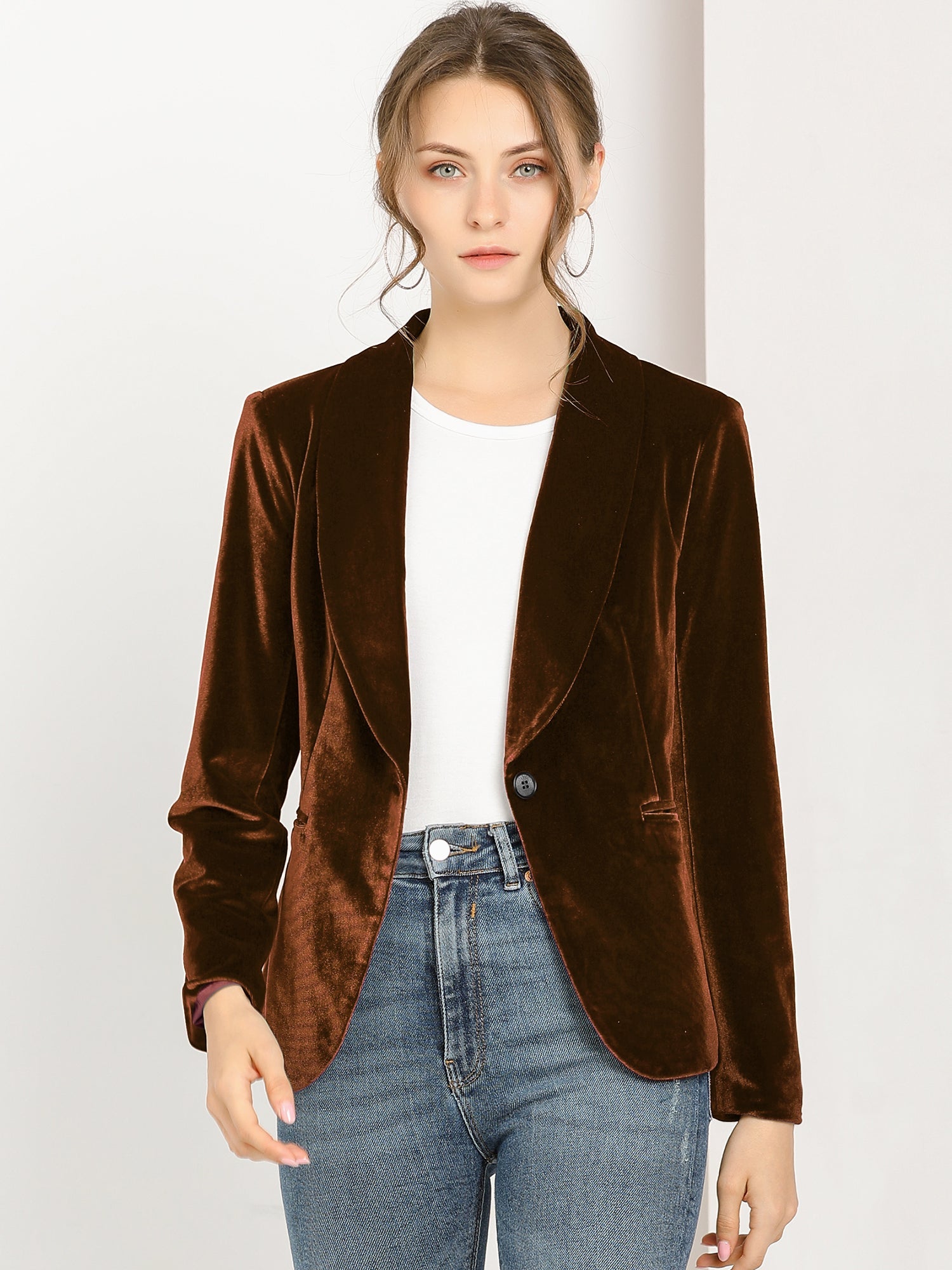 Shawl Collar Single Button Velvet Solid Office Work Jacket Blazer