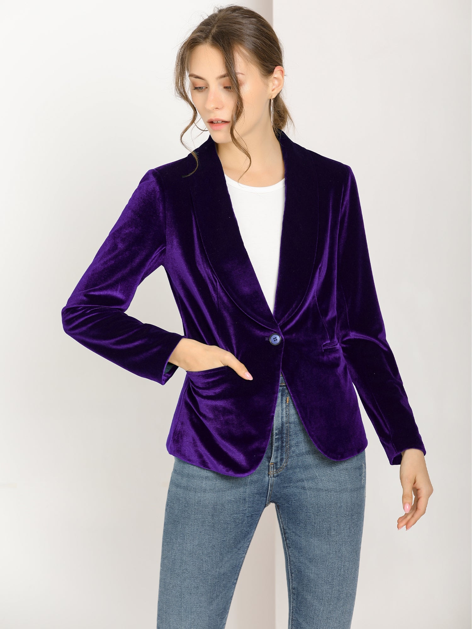 Shawl Collar Single Button Velvet Solid Office Work Jacket Blazer