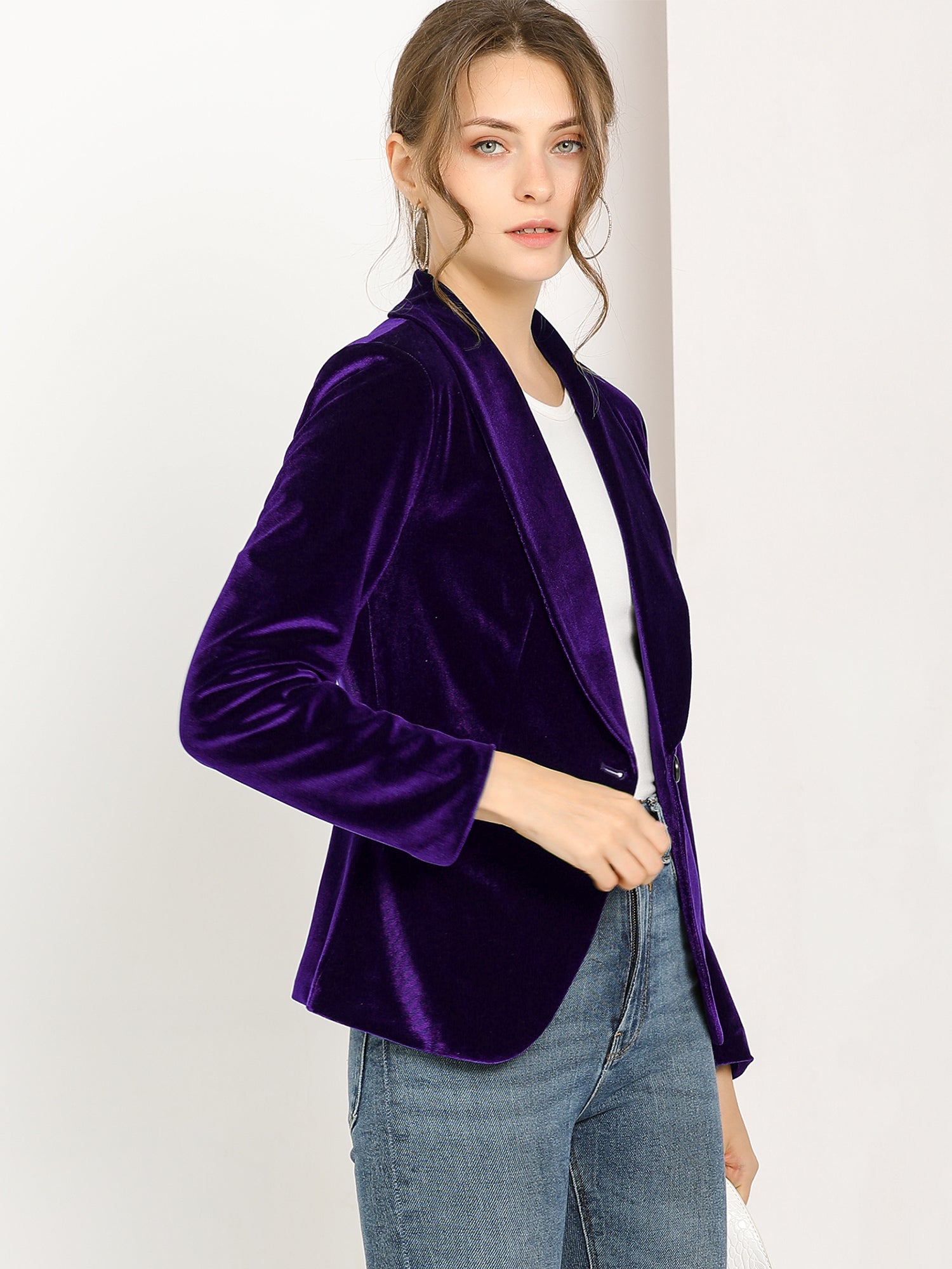 Shawl Collar Single Button Velvet Solid Office Work Jacket Blazer