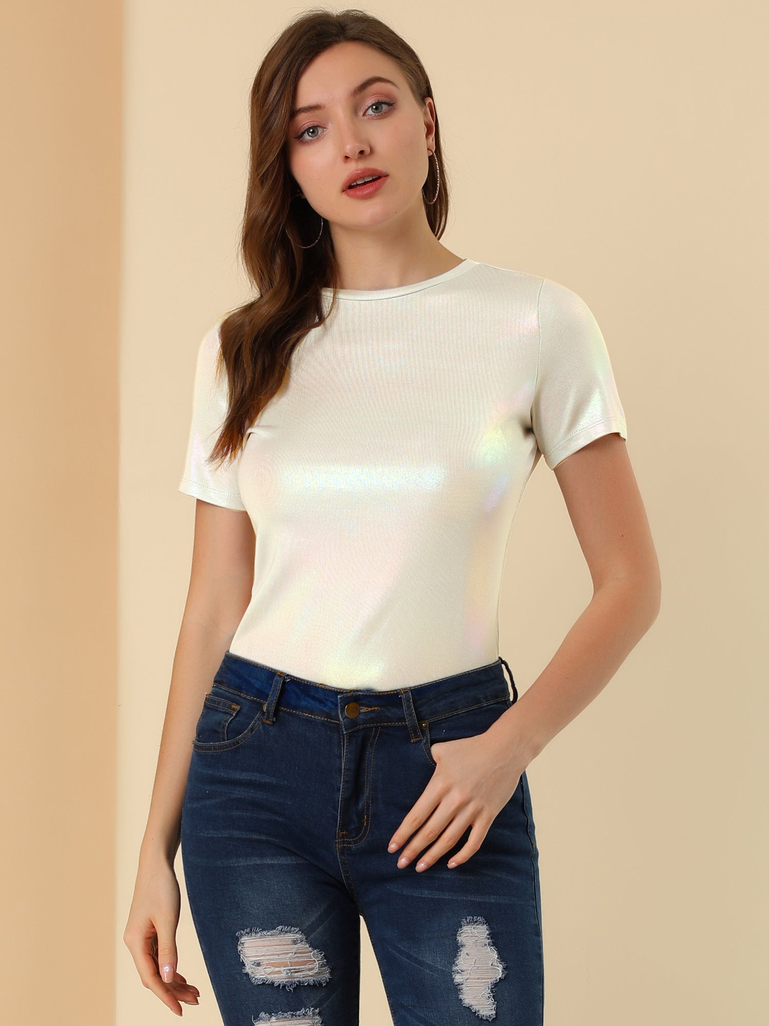 Glitter Metallic Short Sleeve Shiny Multicolor Blouse