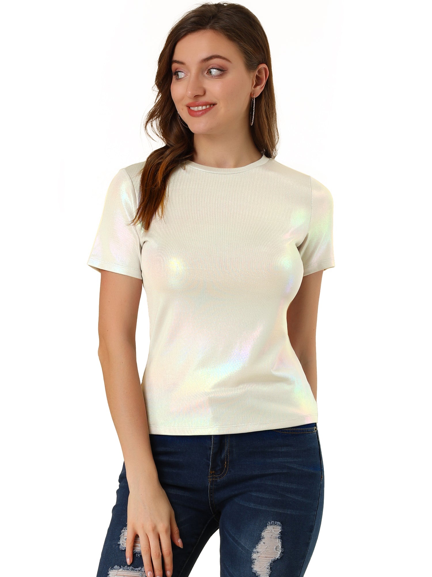 Glitter Metallic Short Sleeve Shiny Multicolor Blouse