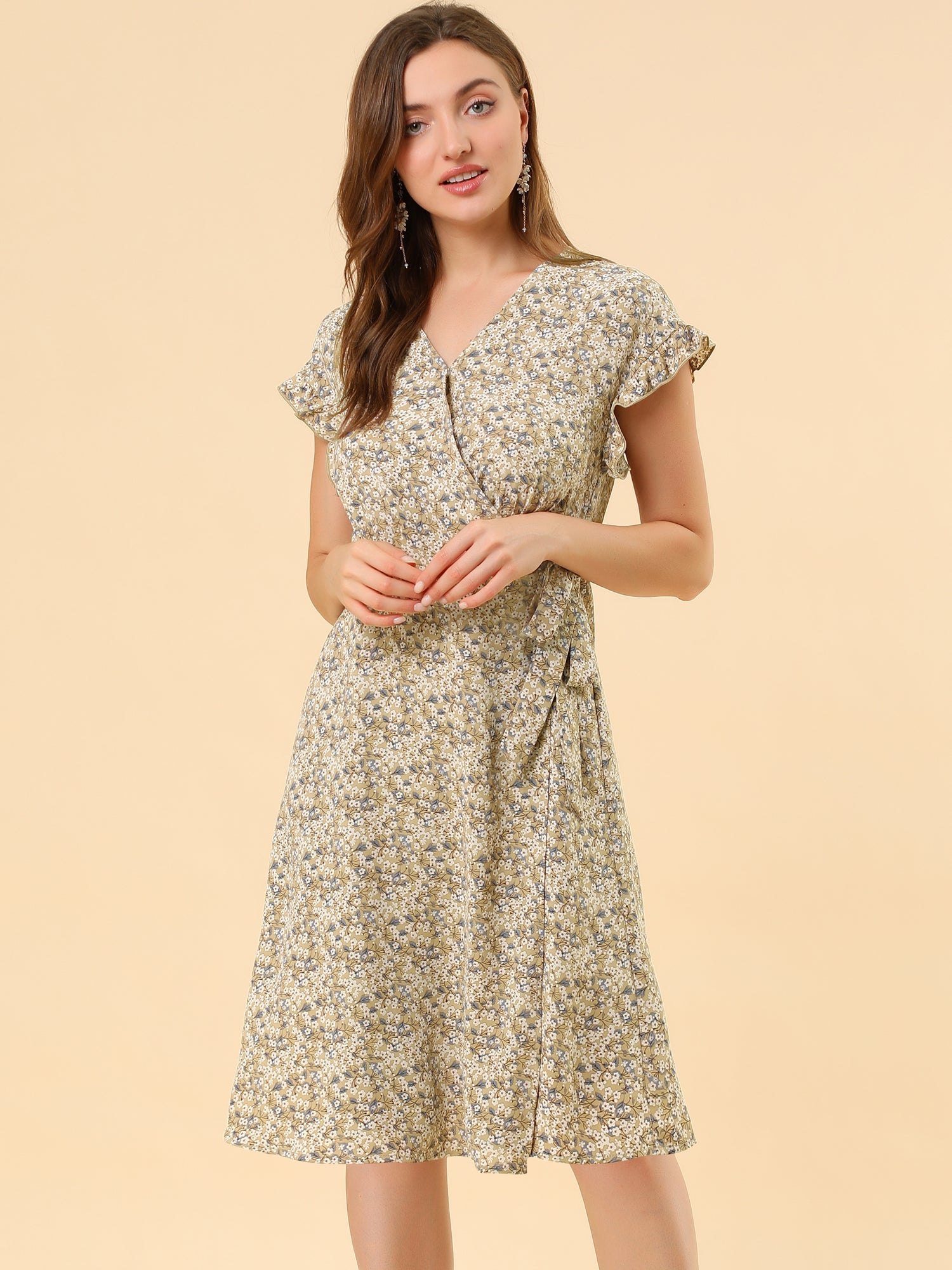 Ditsy Floral V Neck Ruffle Flutter Sleeve Midi Wrap Dress