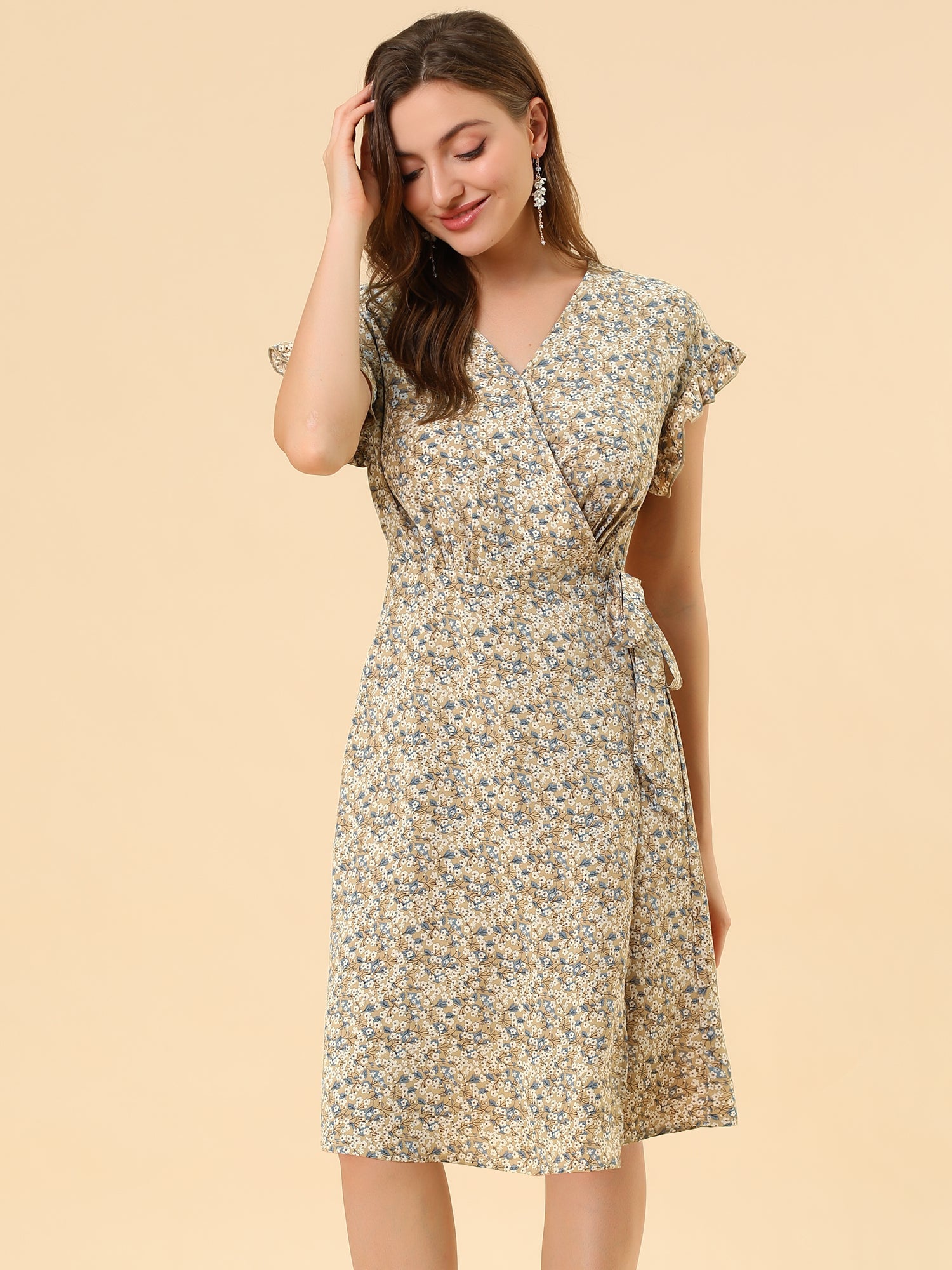 Ditsy Floral V Neck Ruffle Flutter Sleeve Midi Wrap Dress