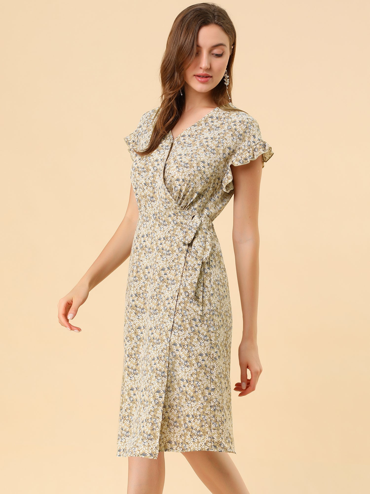 Ditsy Floral V Neck Ruffle Flutter Sleeve Midi Wrap Dress
