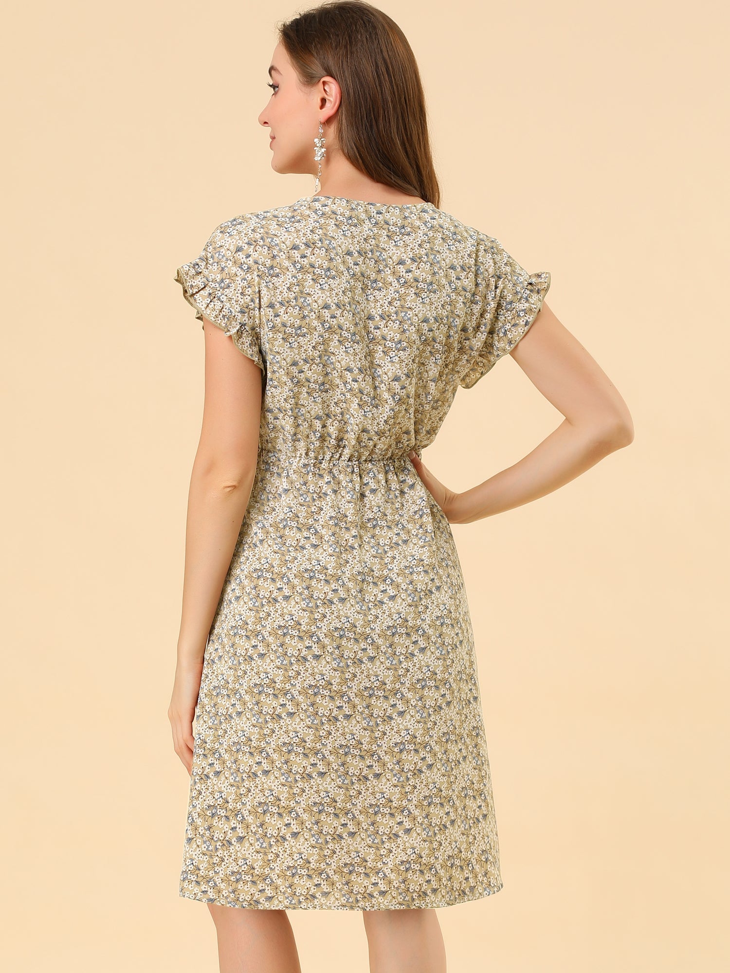 Ditsy Floral V Neck Ruffle Flutter Sleeve Midi Wrap Dress