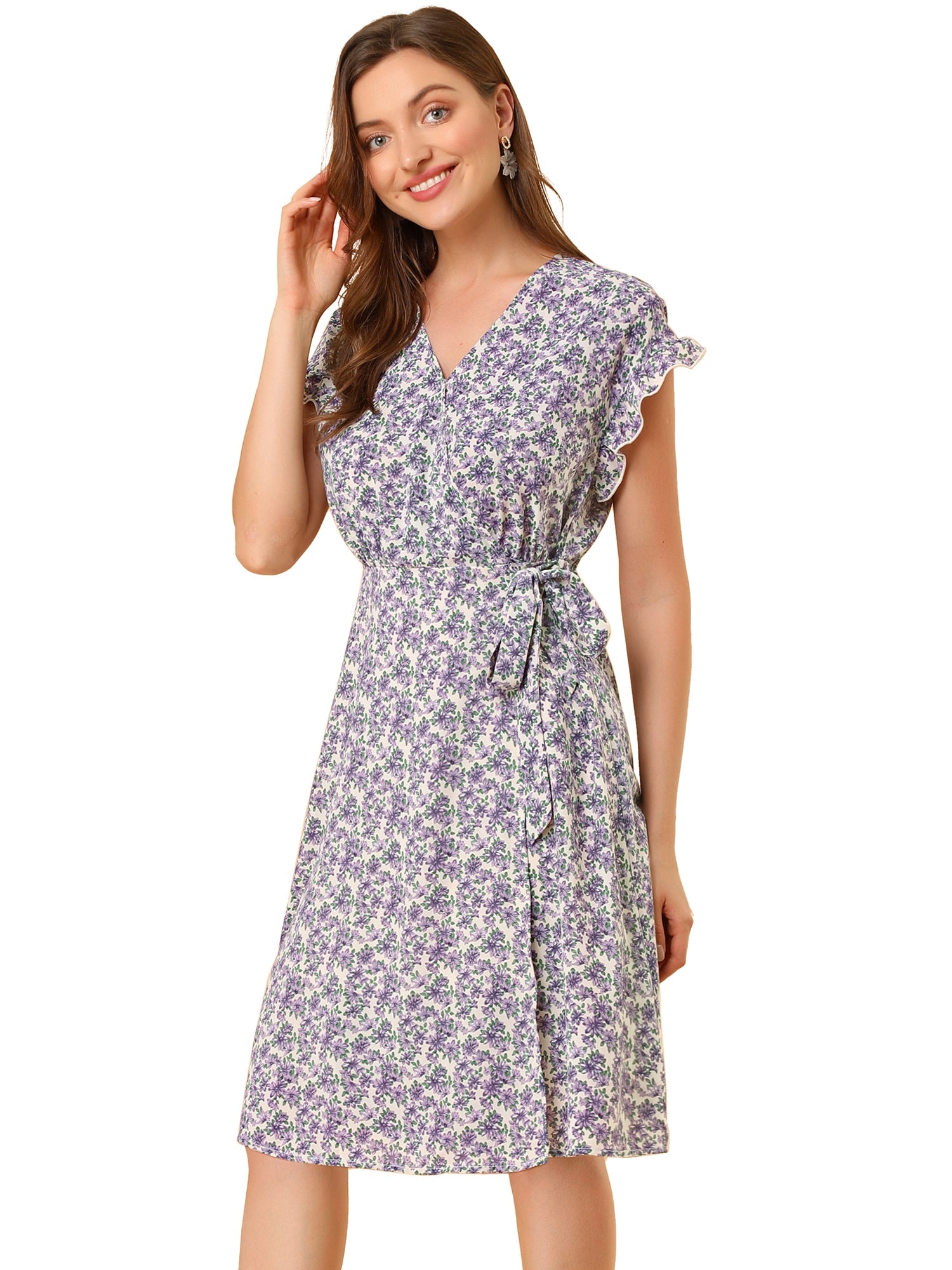 Ditsy Floral V Neck Ruffle Flutter Sleeve Midi Wrap Dress