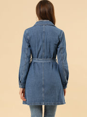 Notched Lapel Belted Trench Long Jean Denim Jacket