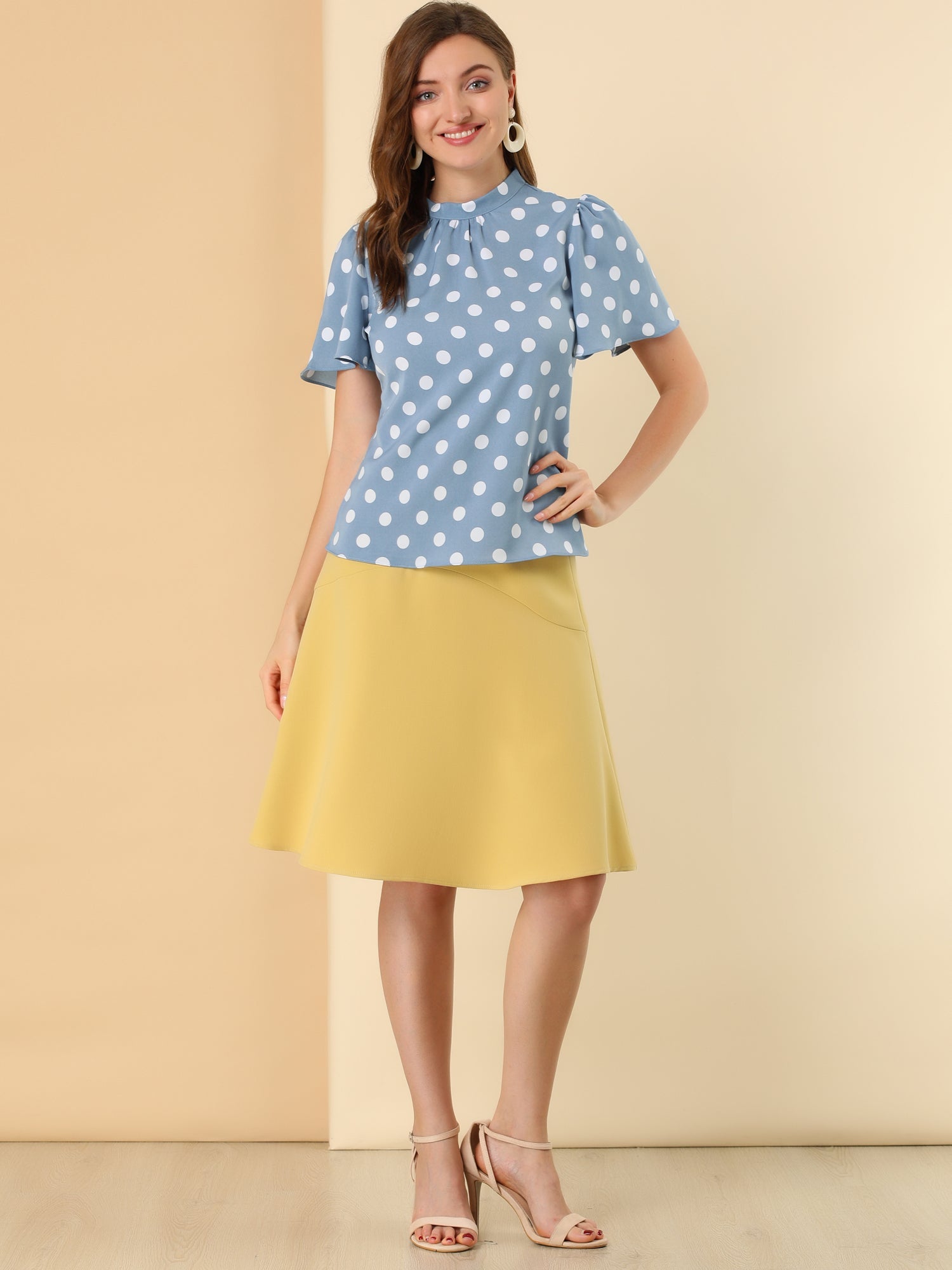 Polka Dots Stand Collar Pleat Keyhole Short Flare Sleeve Blouse