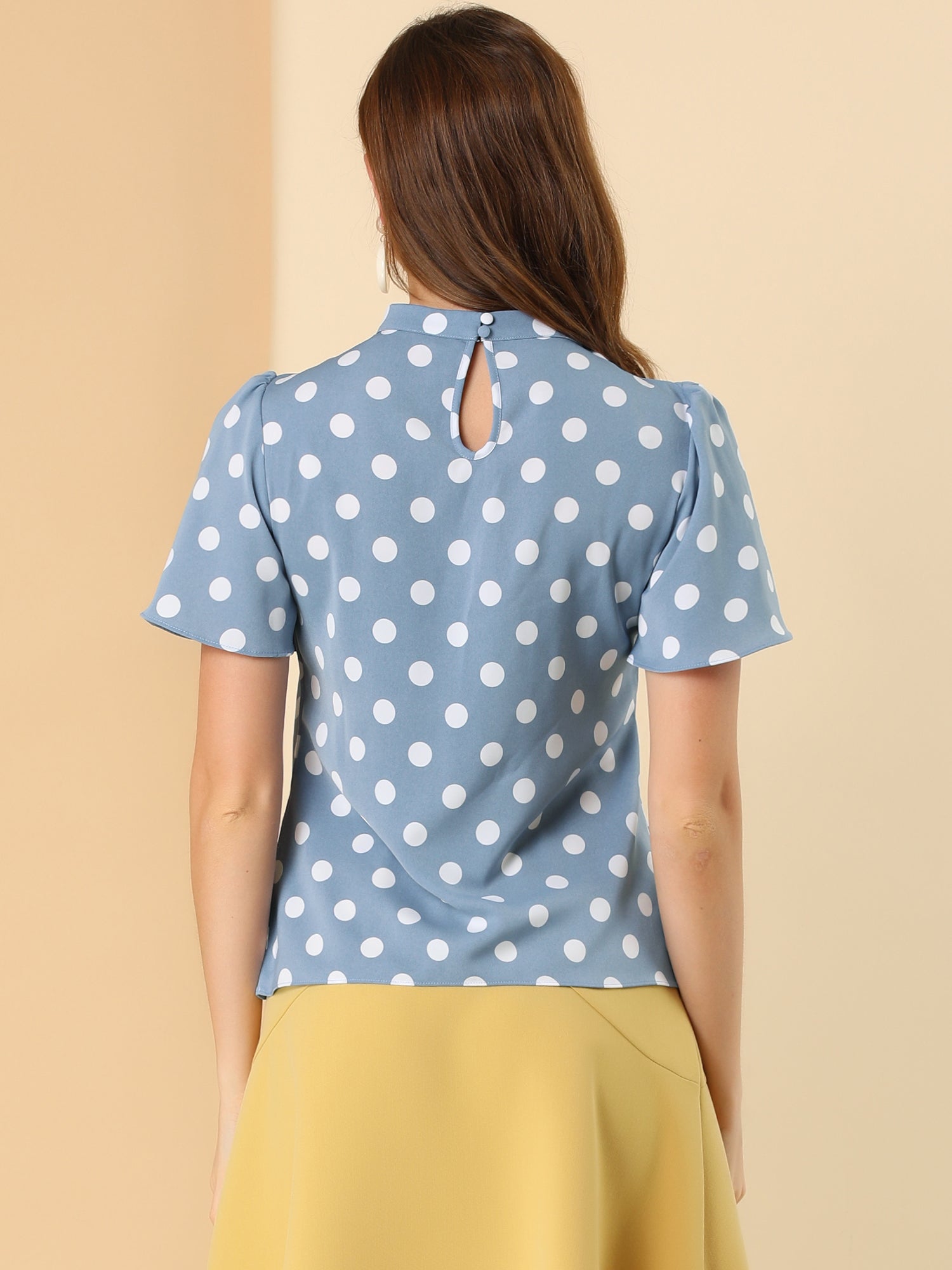 Polka Dots Stand Collar Pleat Keyhole Short Flare Sleeve Blouse