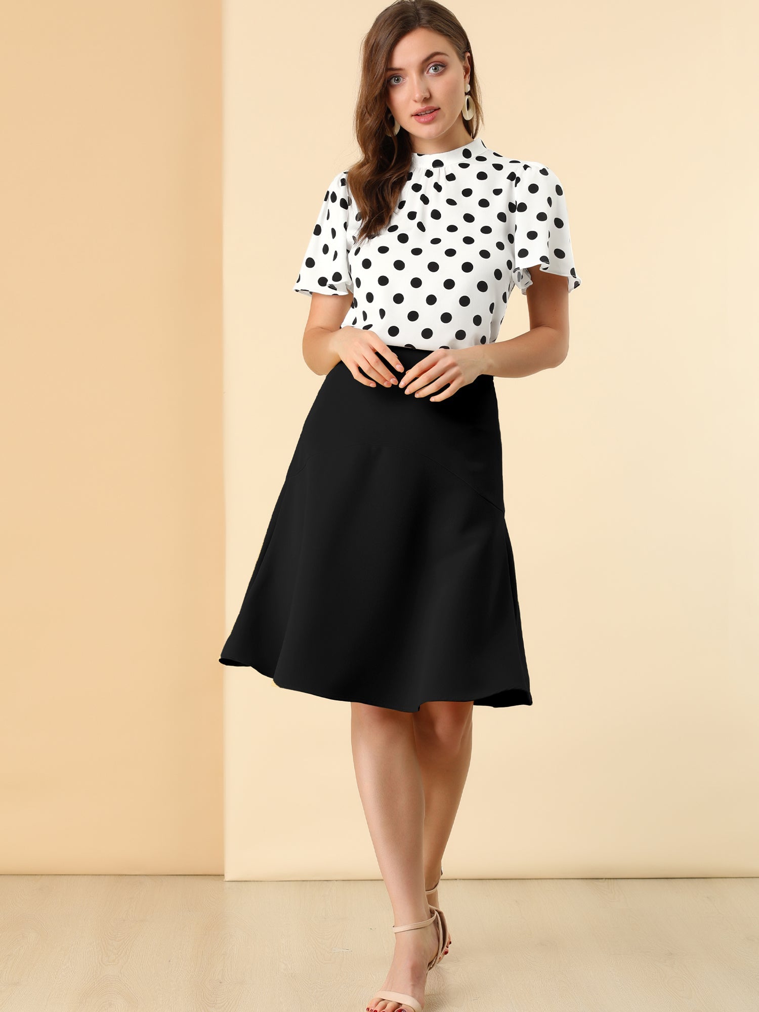Polka Dots Stand Collar Pleat Keyhole Short Flare Sleeve Blouse