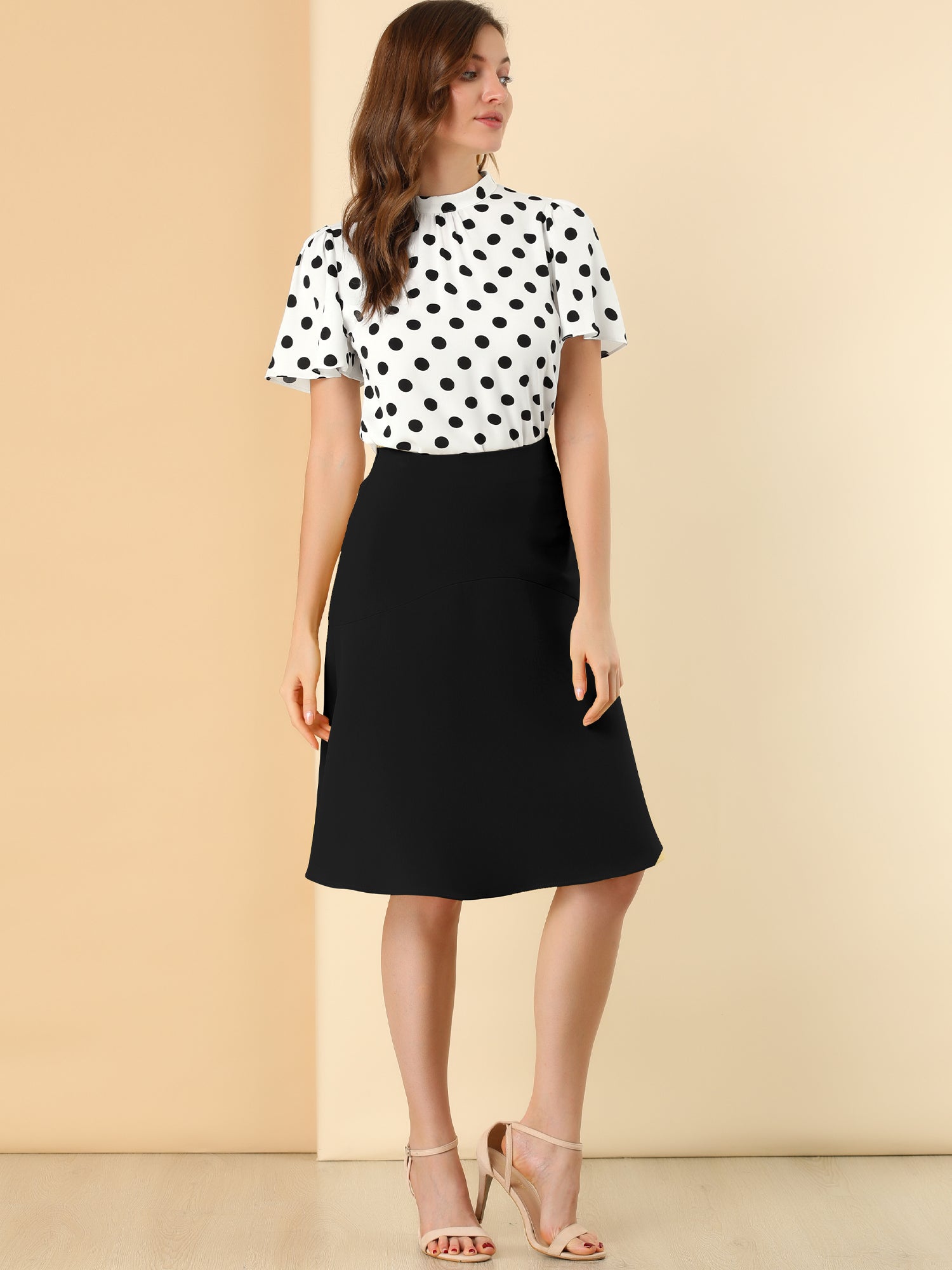 Polka Dots Stand Collar Pleat Keyhole Short Flare Sleeve Blouse