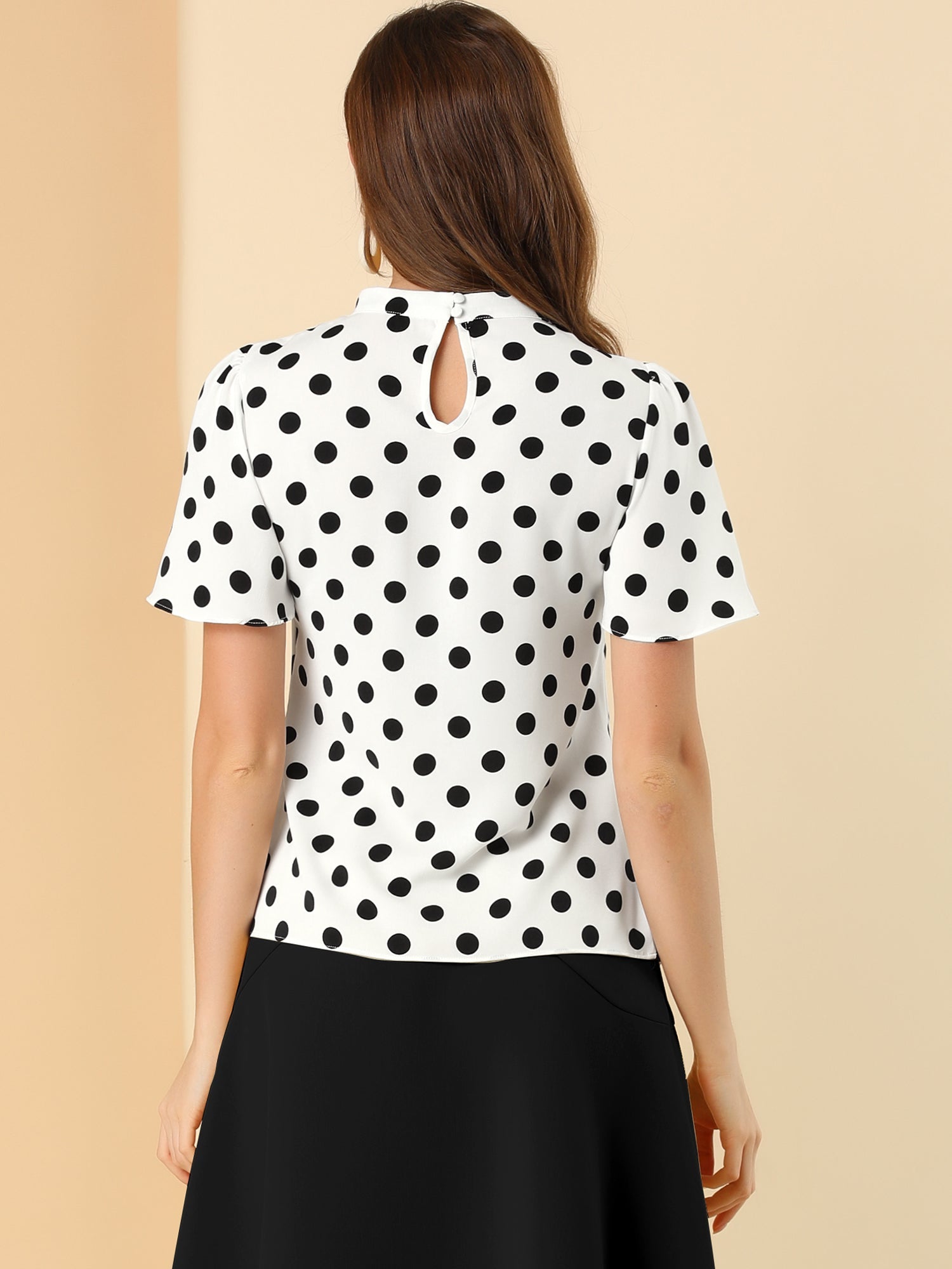 Polka Dots Stand Collar Pleat Keyhole Short Flare Sleeve Blouse