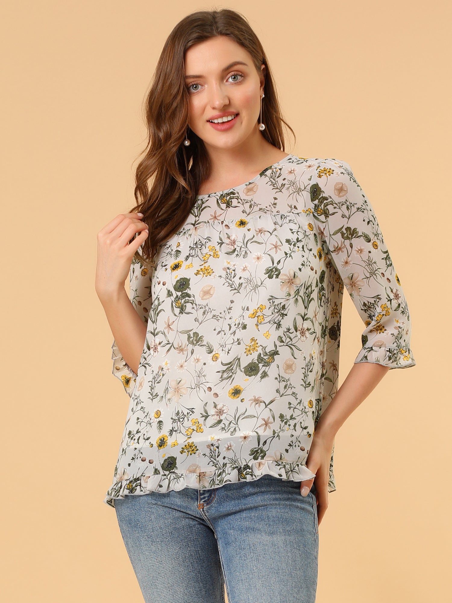 Casual Ruffle 3/4 Sleeve Floral Print Chiffon Blouse