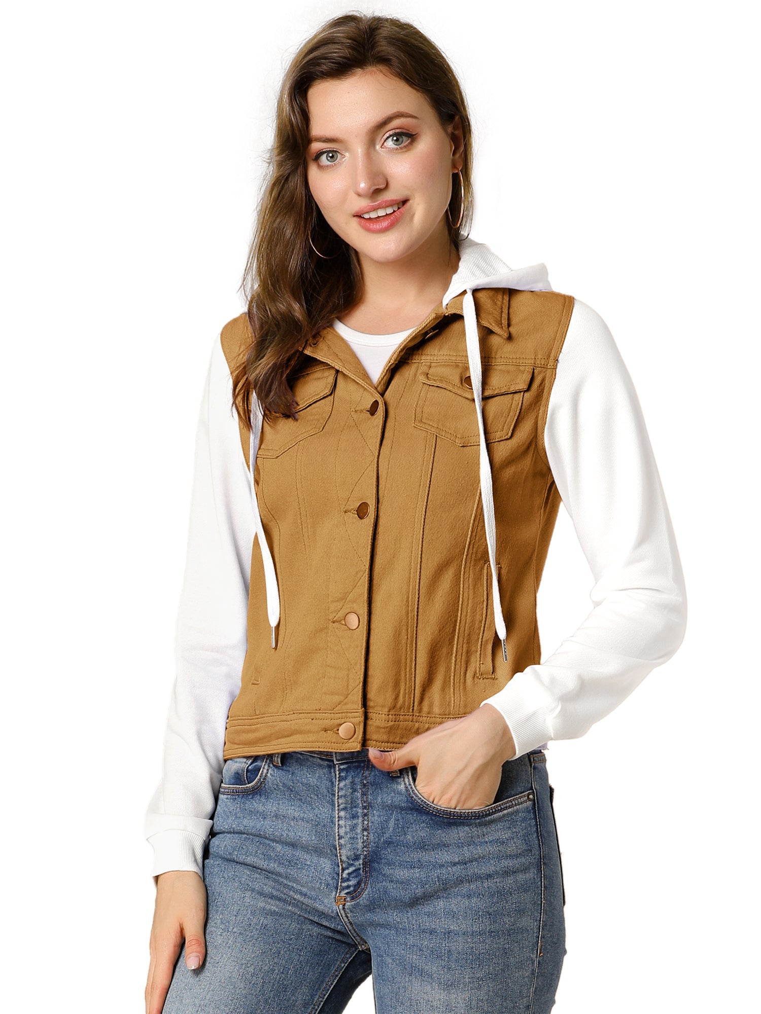 Casual Layered Drawstring Pockets Hood Denim Jacket