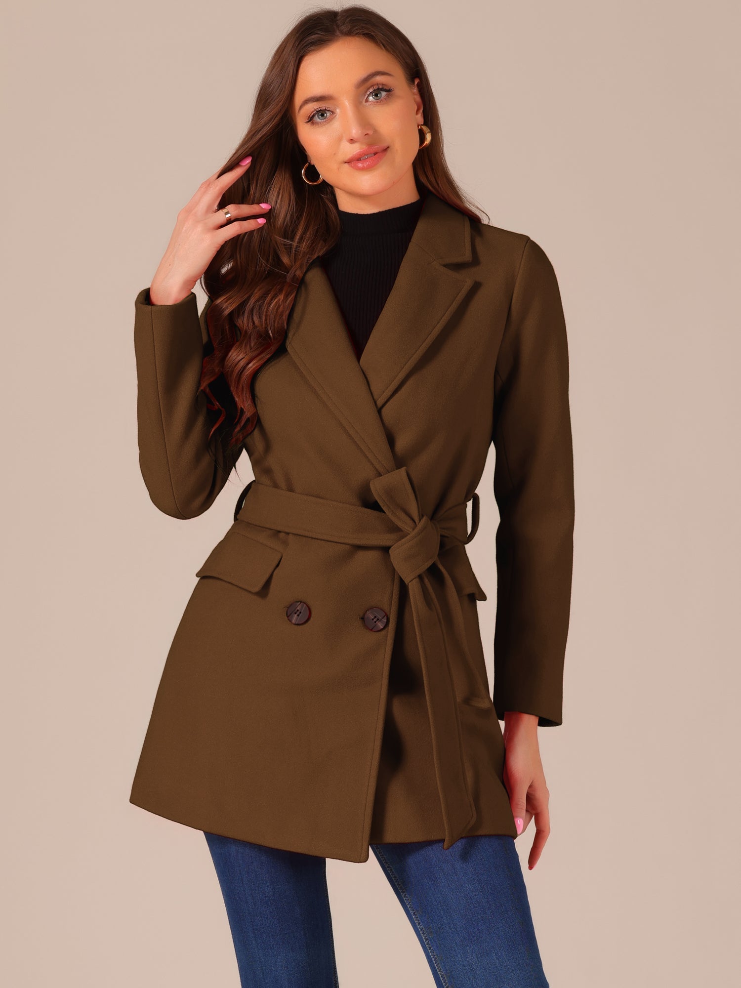 Notch Lapel Double Breasted Belted Mid Long Outwear Winter Coat