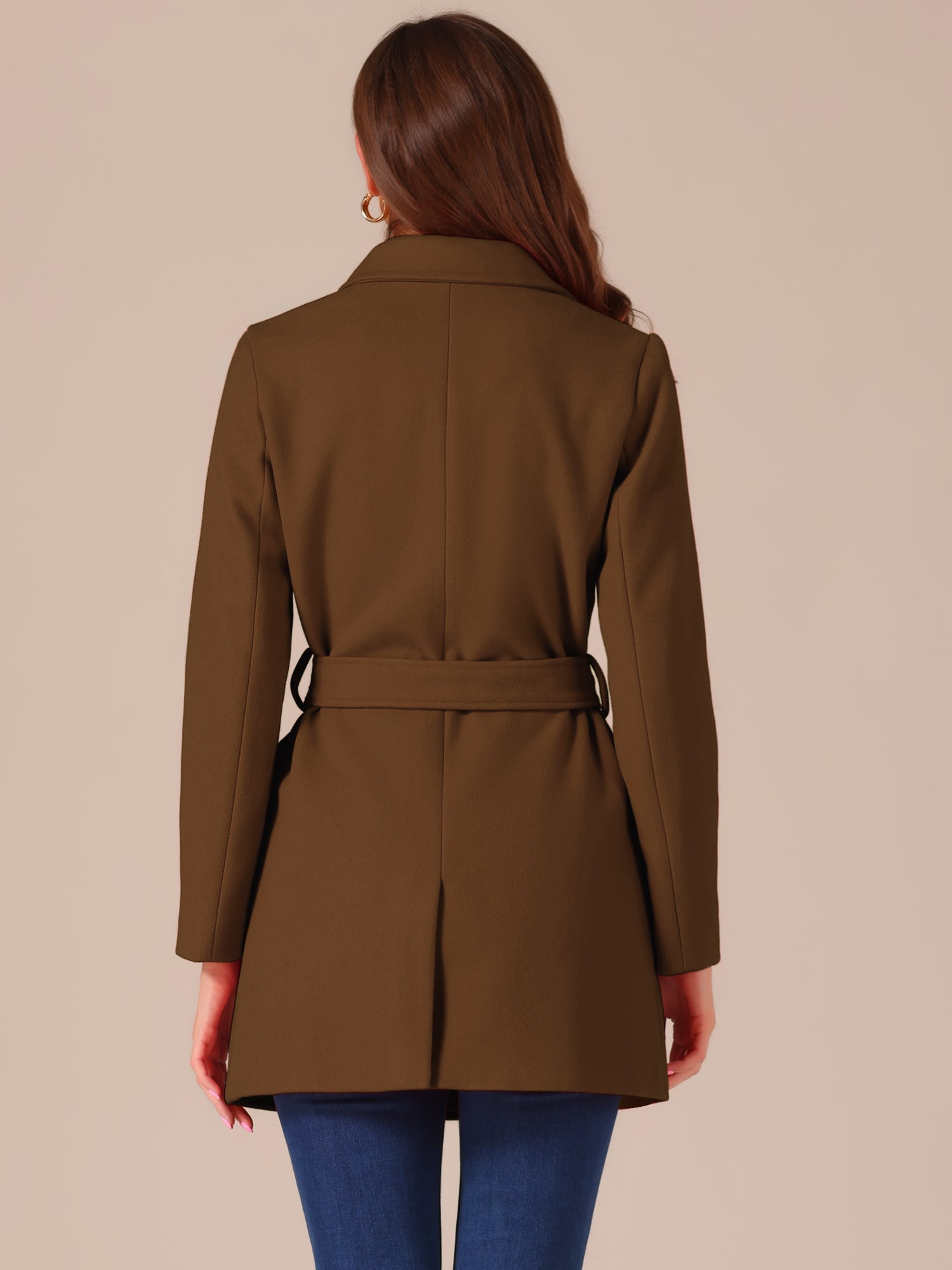 Notch Lapel Double Breasted Belted Mid Long Outwear Winter Coat