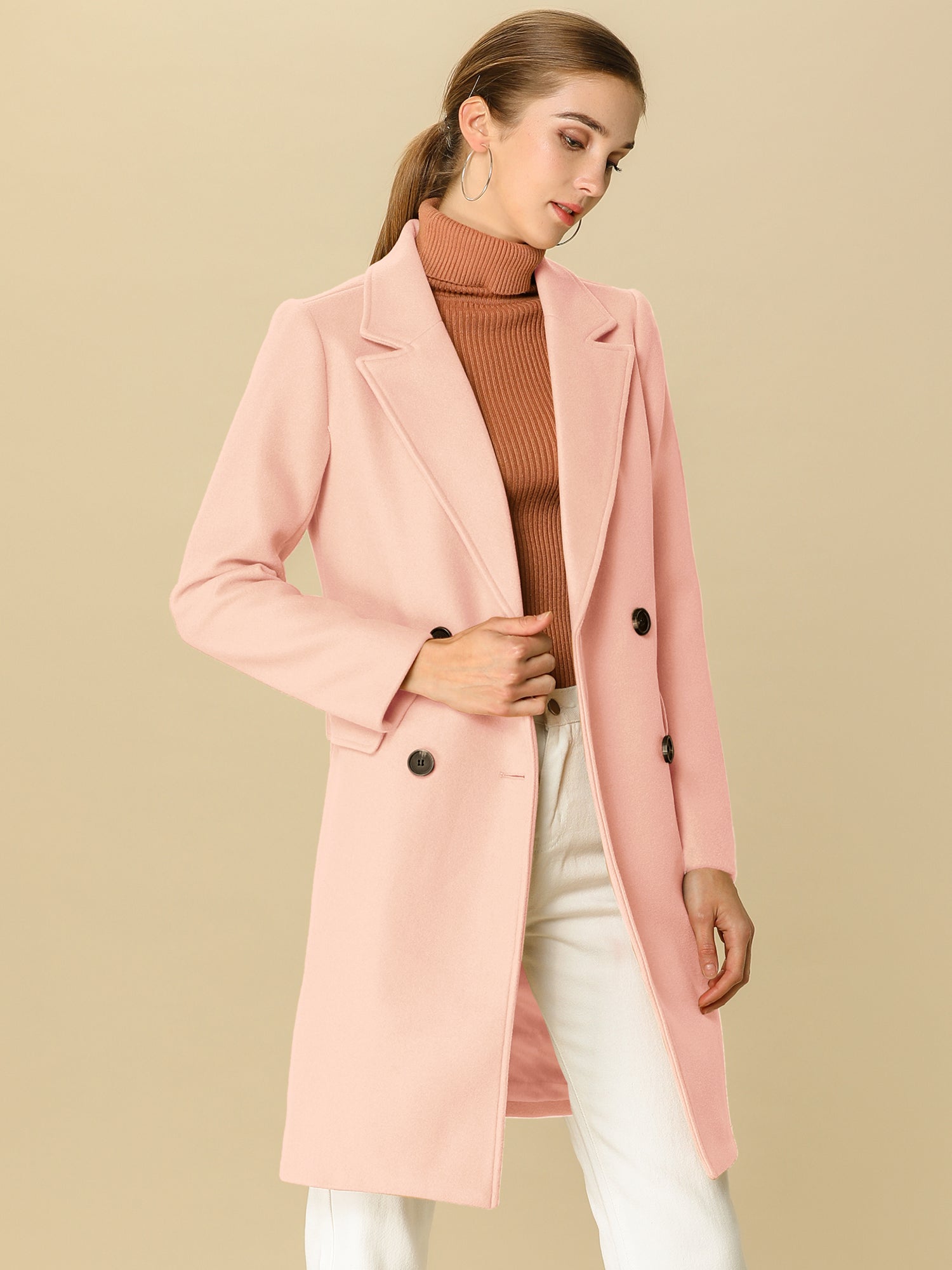 Notch Lapel Double Breasted Belted Mid Long Outwear Winter Coat