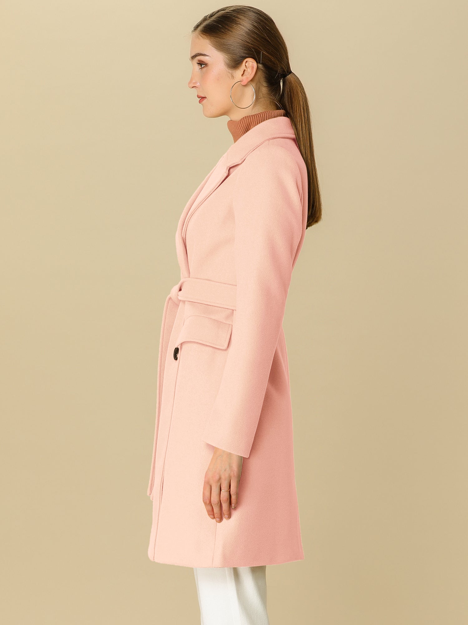 Notch Lapel Double Breasted Belted Mid Long Outwear Winter Coat
