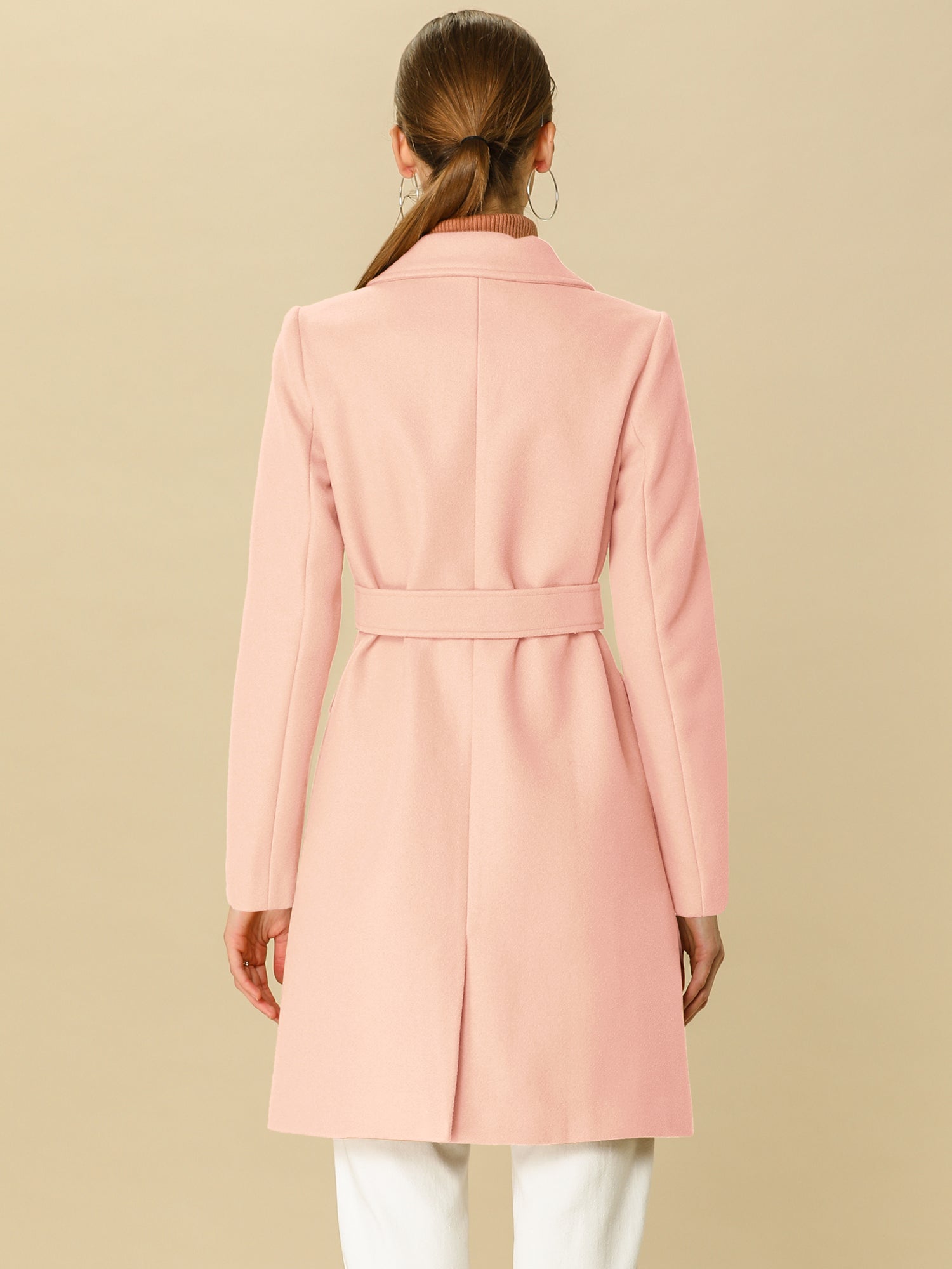 Notch Lapel Double Breasted Belted Mid Long Outwear Winter Coat