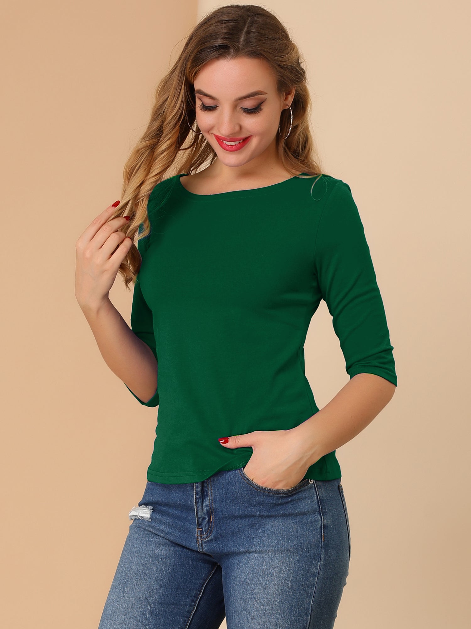 Casual Boat Neck 3/4 Sleeve Solid Basic T-shirt