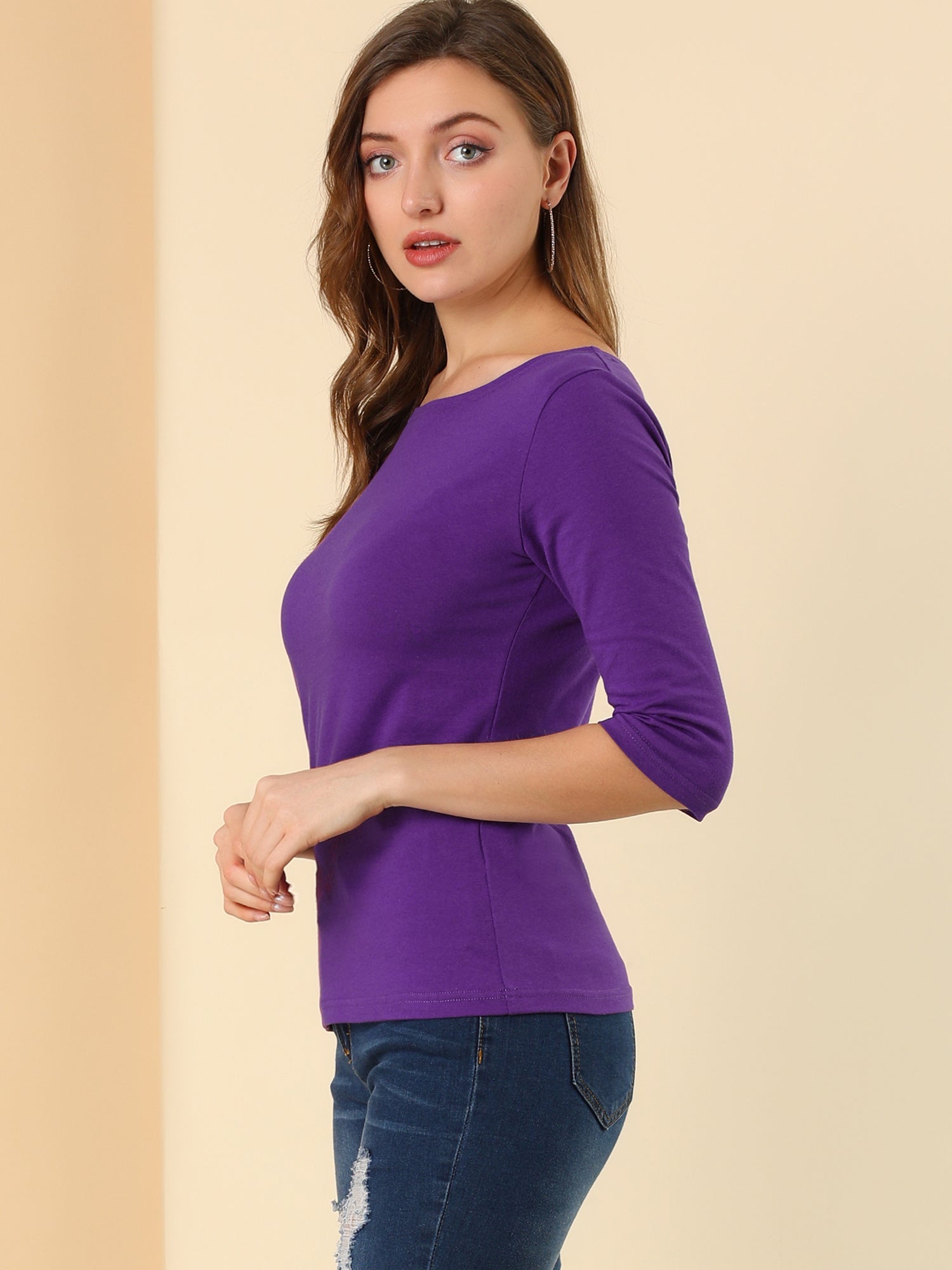 Casual Boat Neck 3/4 Sleeve Solid Basic T-shirt