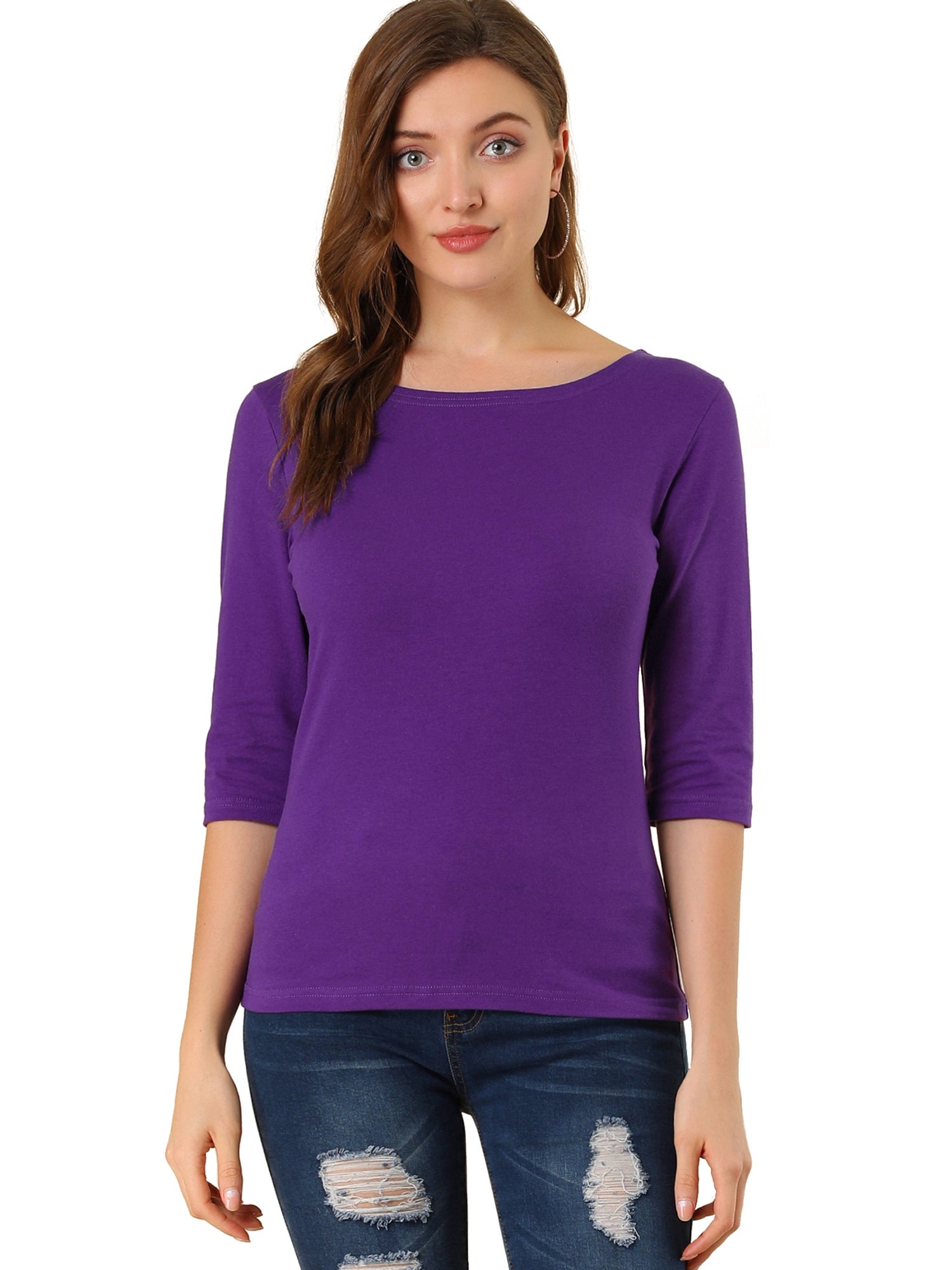 Casual Boat Neck 3/4 Sleeve Solid Basic T-shirt
