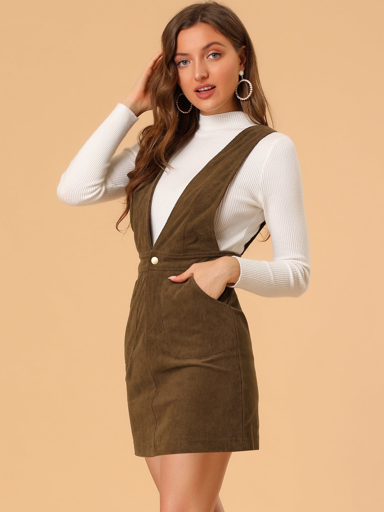 Corduroy Overall V Neck Strap Mini Pinafore Dress